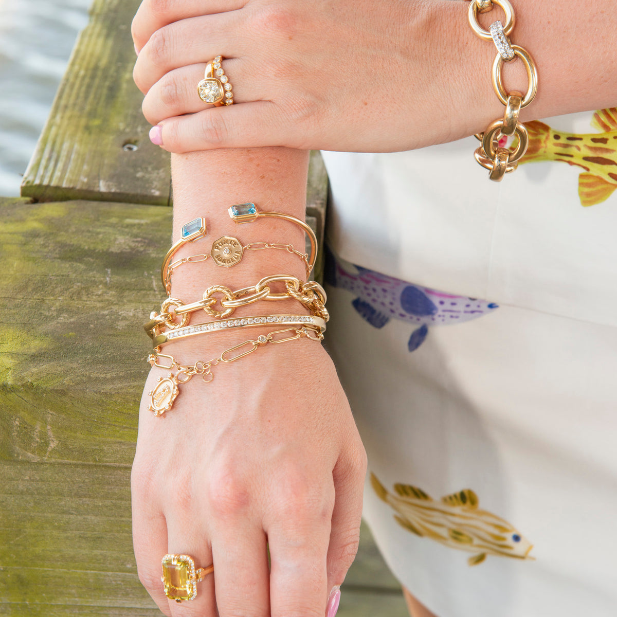 Single Stone Cori Ring, Goshwara Emerald-Cut Blue Topaz Open Edge 18K Gold Bangle, Marlo Laz Petite Porte Bonheur Bracelet White Diamond, 14K Yellow Gold Italian Rope & Polished Link Bracelet, Diamond Channel Set 14K Yellow Gold Bangle, Diamond Bezel 14K Yellow Gold Oblong Link Bracelet