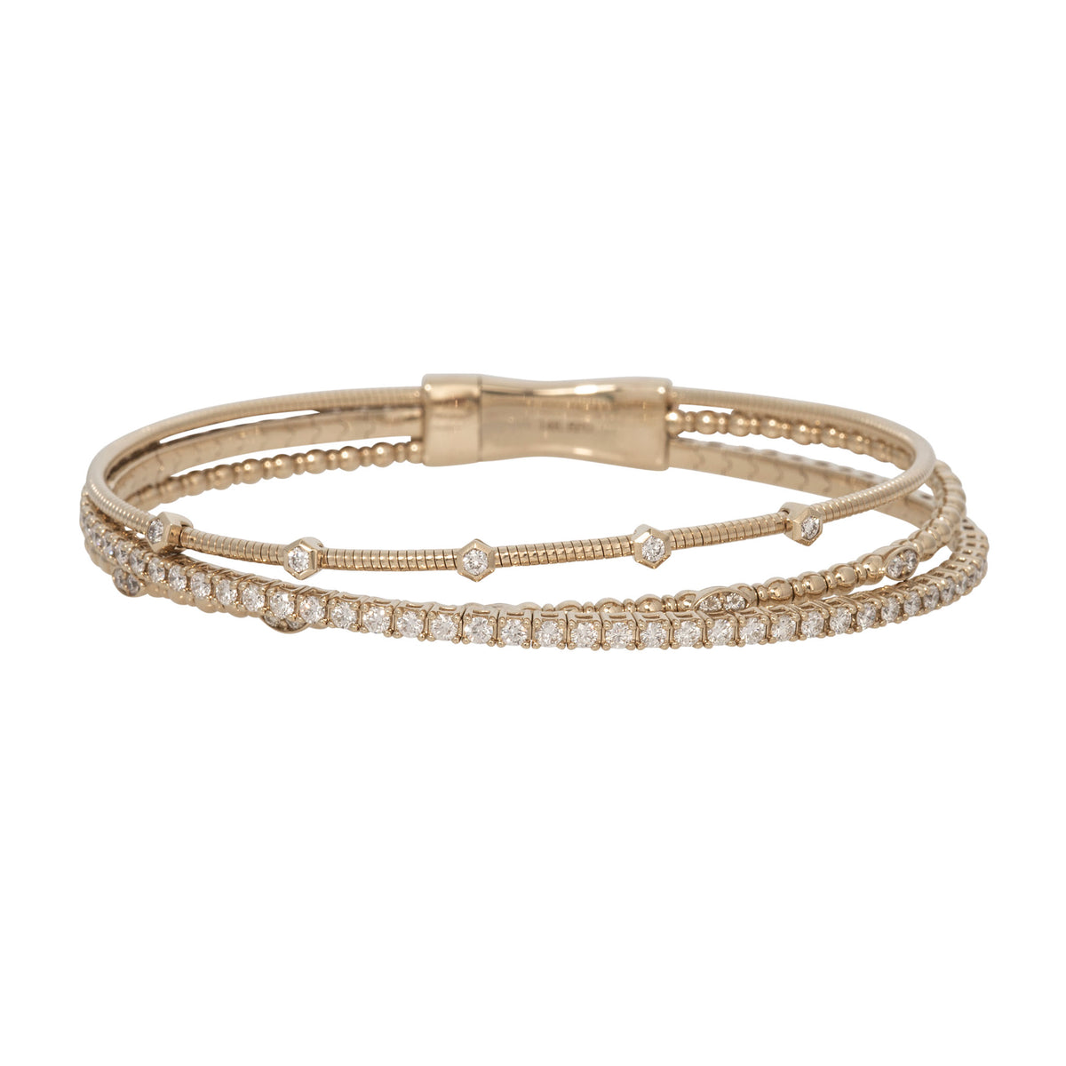 Diamond 14K Yellow Gold 3-Row Crossover Flexible Bangle