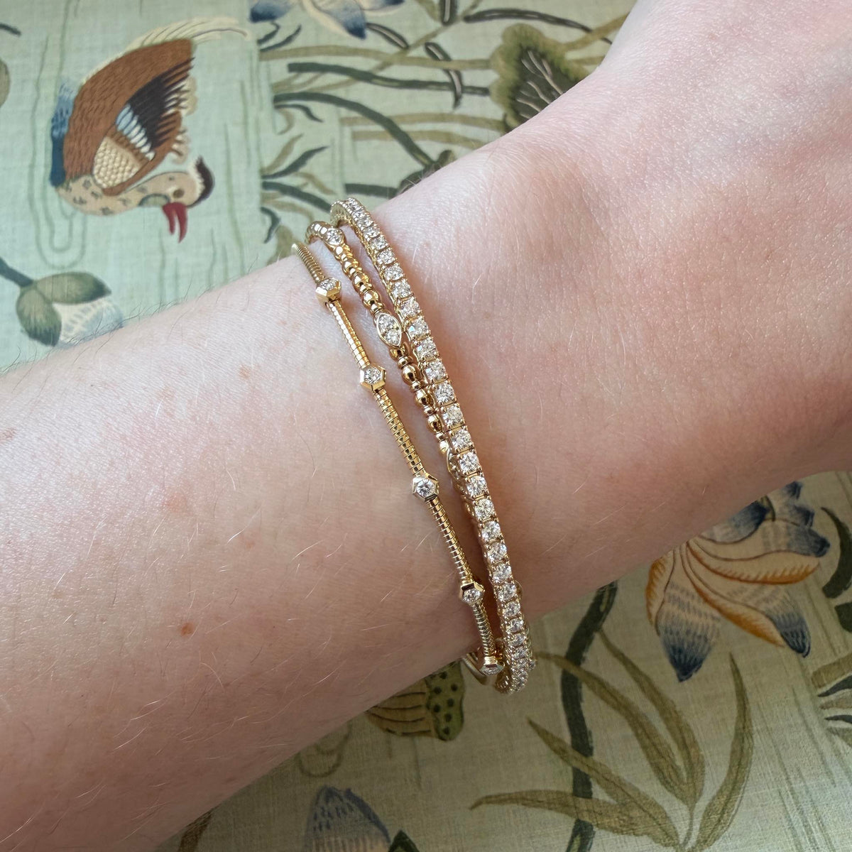 Diamond 14K Yellow Gold 3-Row Crossover Flexible Bangle