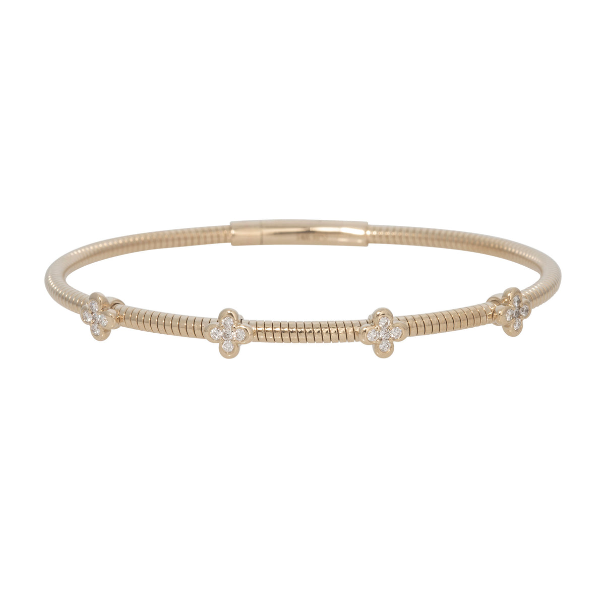 Diamond Clover 4-Station 14K Yellow Gold Flexible Bangle