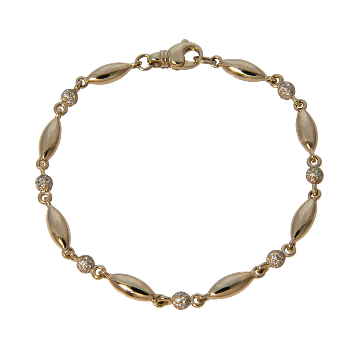 14K yellow gold bracelet with polished rice-shaped links alternating with round pavé diamond beads and a lobster clasp.