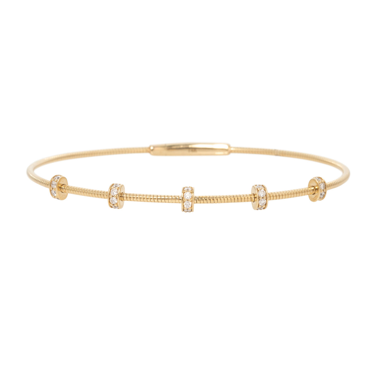14K yellow gold flexible bangle with five diamond rondelle stations, shown on a white background.