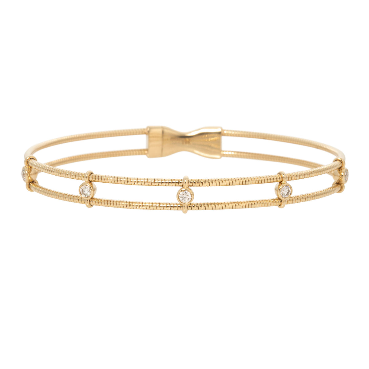 14K yellow gold double-row flexible bangle with five bezel-set diamond stations between textured bands, shown on a white background.