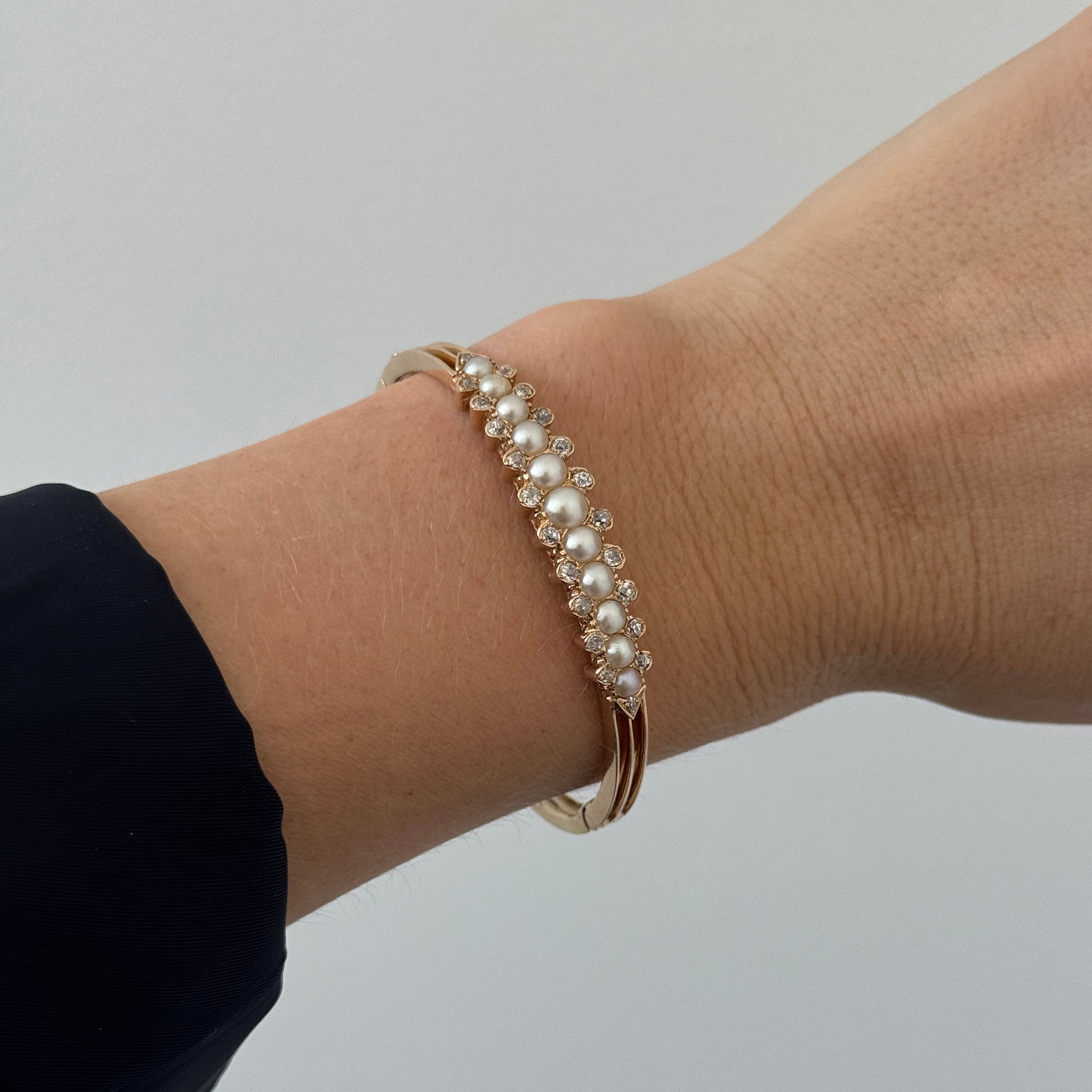 Victorian Graduated Pearl & Diamond 14K Yellow Gold Bangle