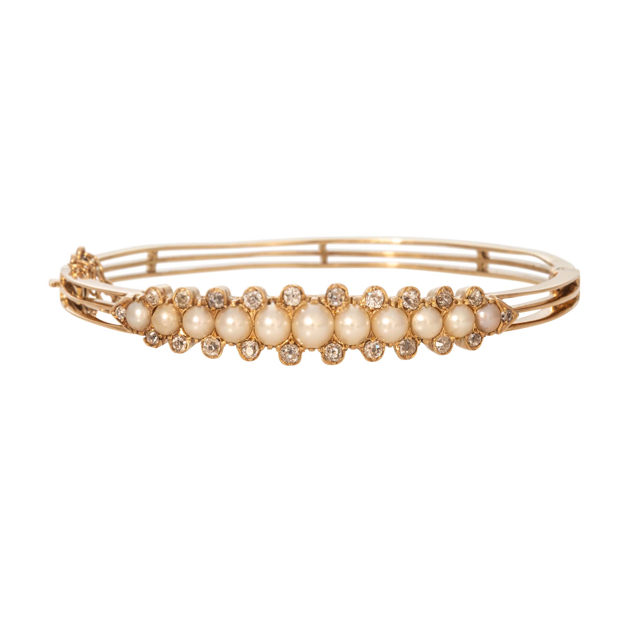 Victorian Graduated Pearl & Diamond 14K Yellow Gold Bangle