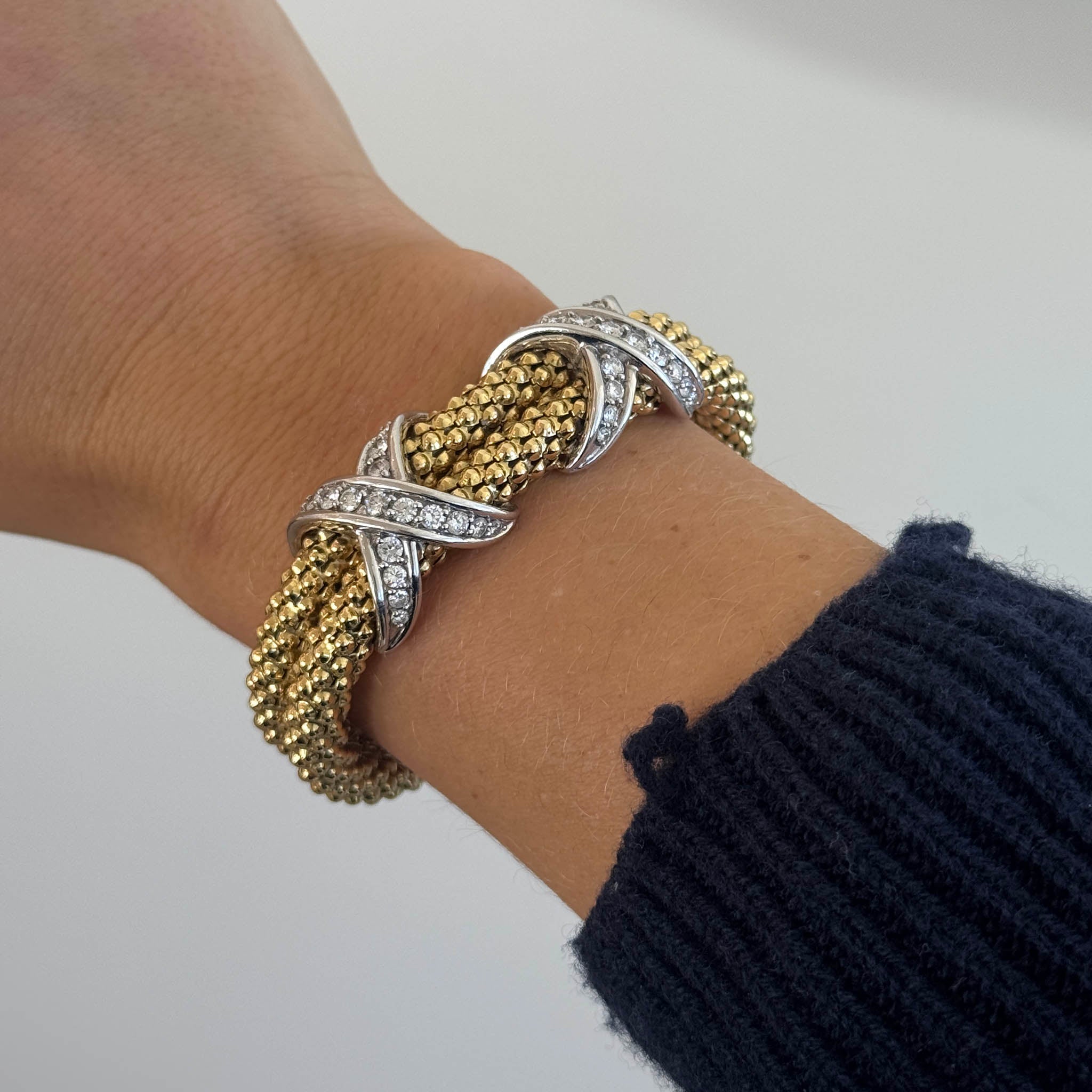 Estate Diamond Double X 18K Two-Tone Gold Bangle
