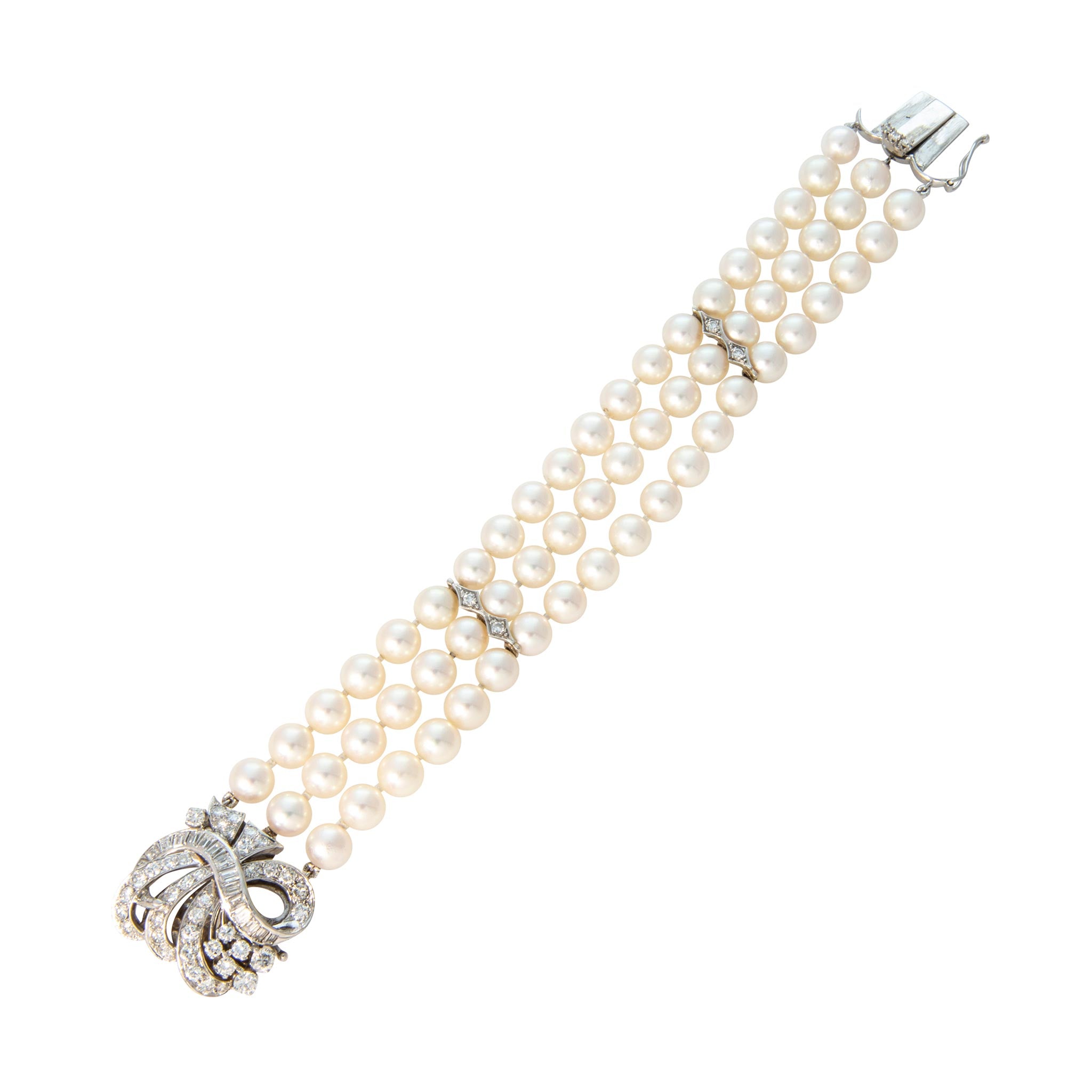 Vintage Diamond 14K White Gold 3-Strand Pearl Bracelet