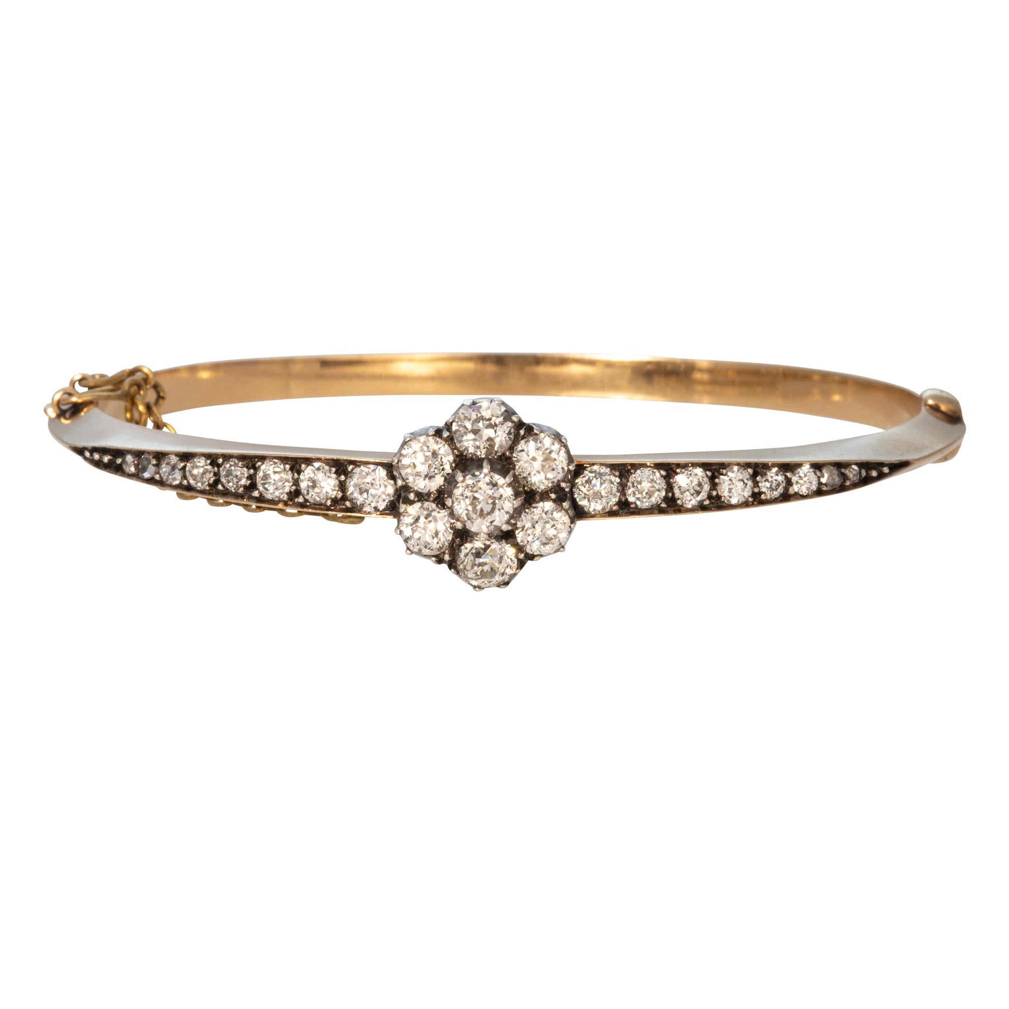 Victorian 2.5ctw Diamond Floral Cluster 14K Gold Bangle