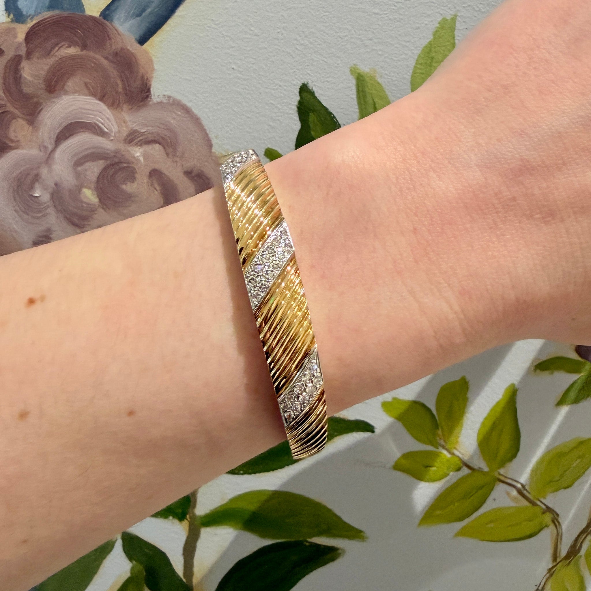 Estate Diamond Pavé 14K Yellow Gold Fluted Bangle