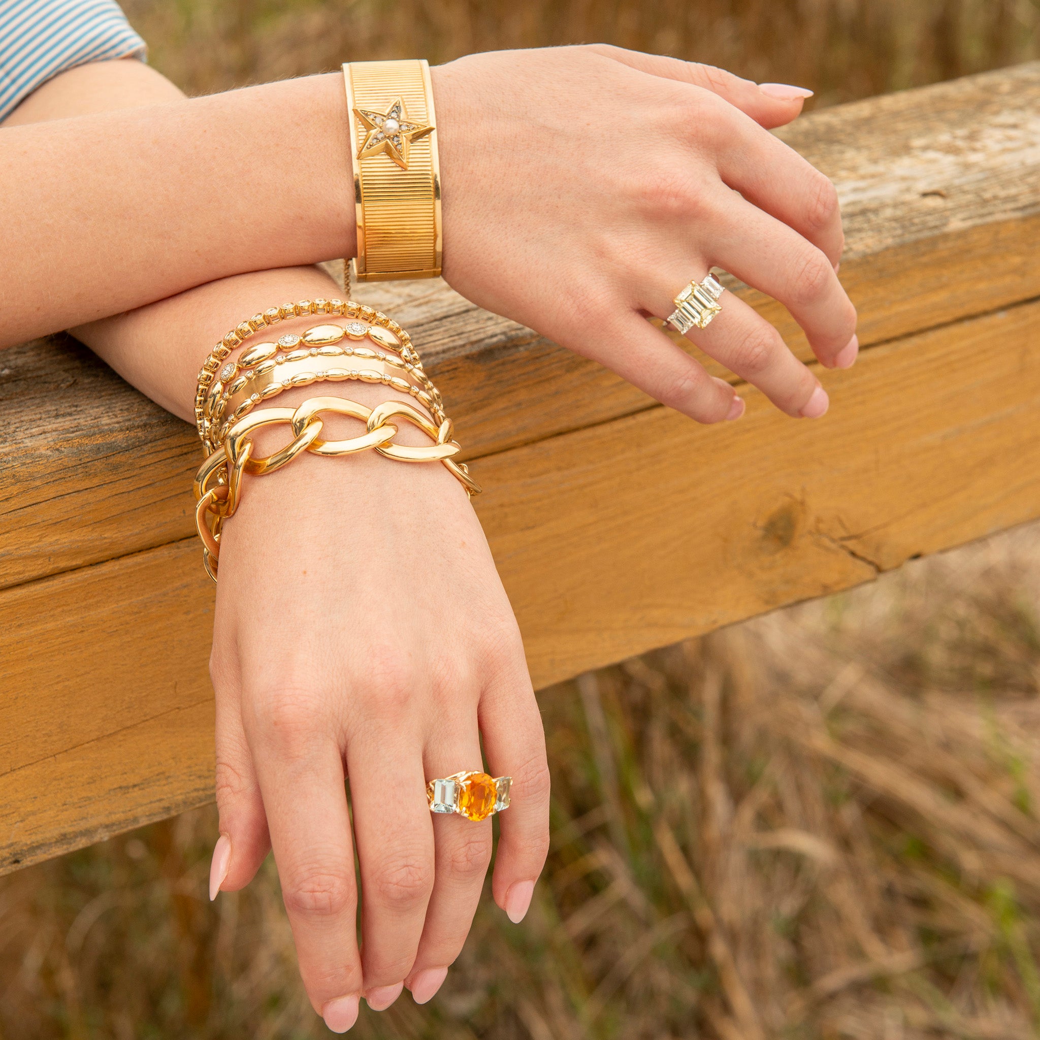 Victorian French Pearl & Diamond Star 18K Gold Bangle, Citrine & Aquamarine 14K Gold River Ring, Diamond Bezel Milgrain 14K Yellow Gold Flex Bangle, The Mary Pavé Diamond Station Line Bracelet, The Mary Cuff