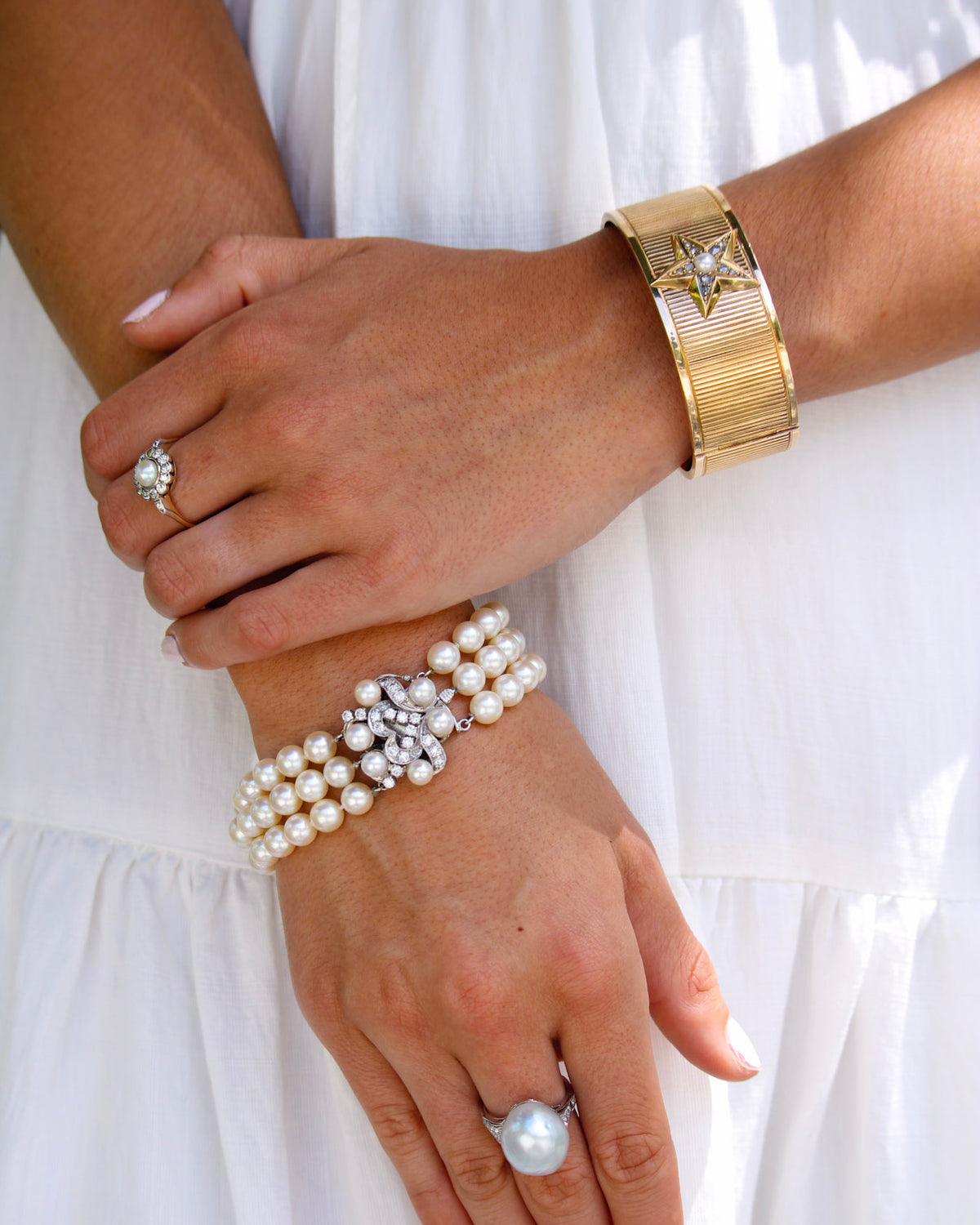 Victorian French Pearl & Diamond Star 18K Gold Bangle