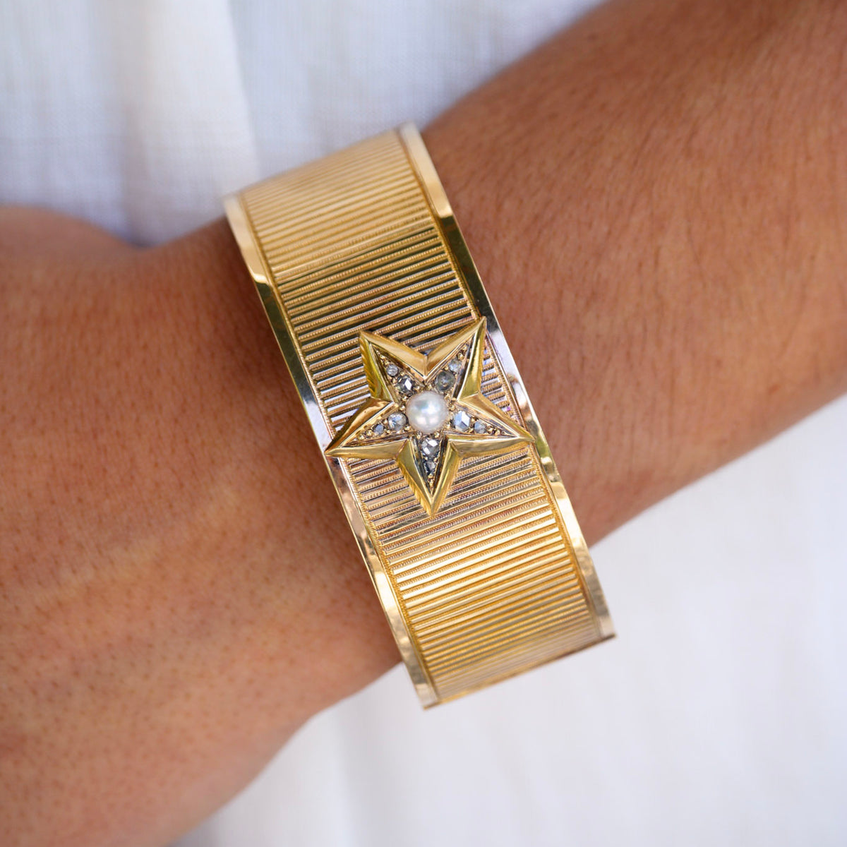 Victorian French Pearl & Diamond Star 18K Gold Bangle