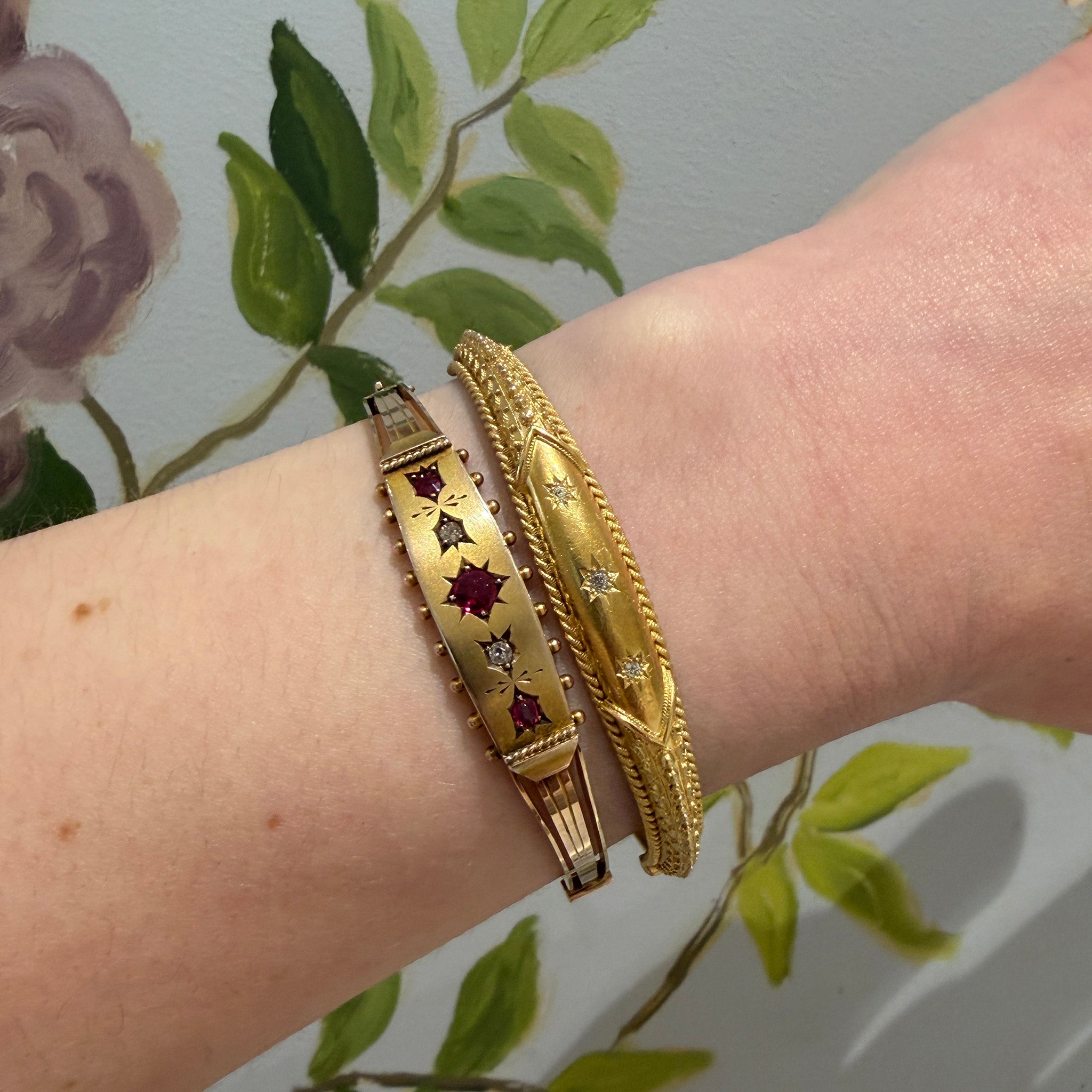 Victorian Etruscan Revival Diamond 15K Yellow Gold Bangle, Victorian Ruby & Diamond 9K Gold Bangle