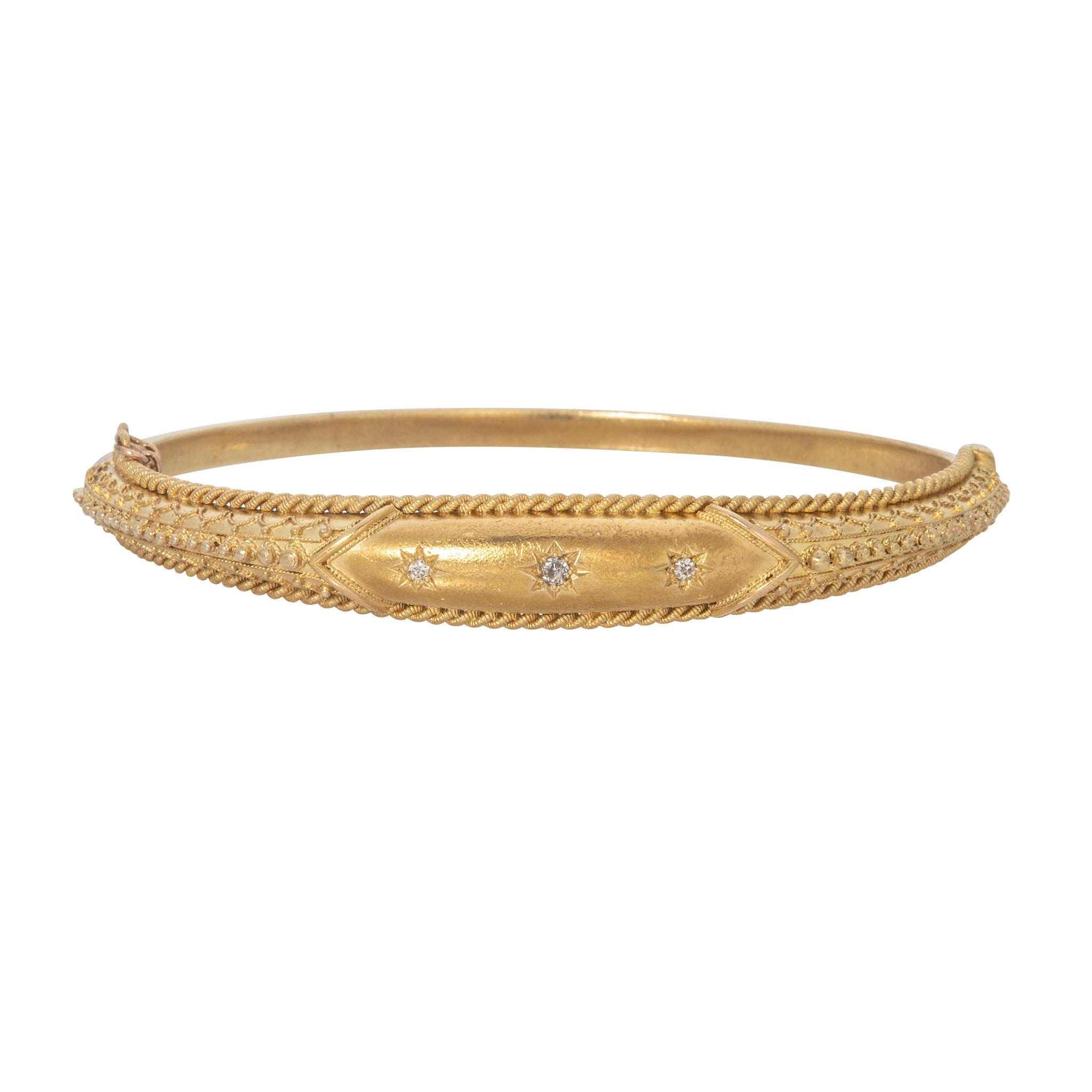 Victorian Etruscan Revival Diamond 15K Yellow Gold Bangle