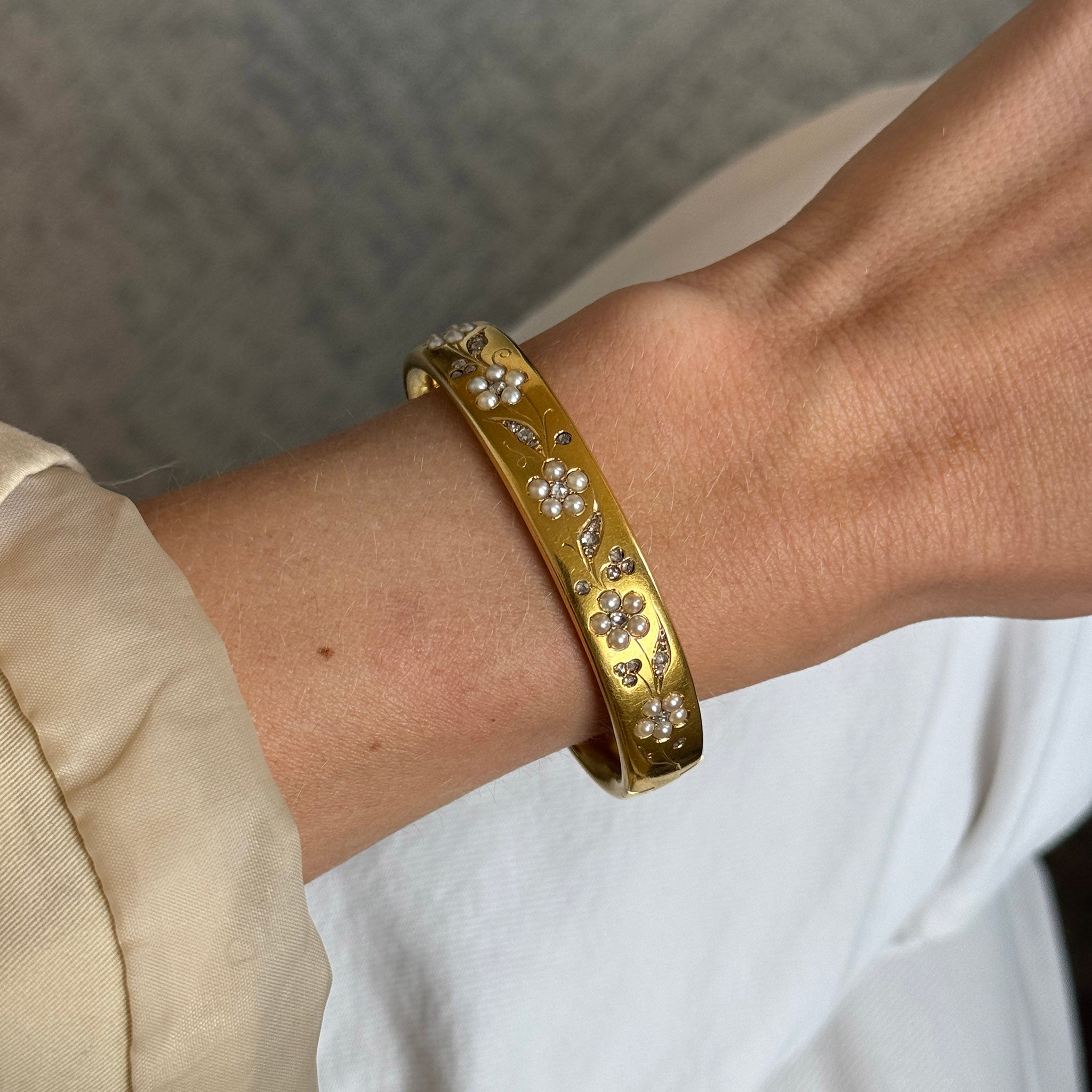 Victorian Style Pearl & Diamond Floral 22K Gold Bangle