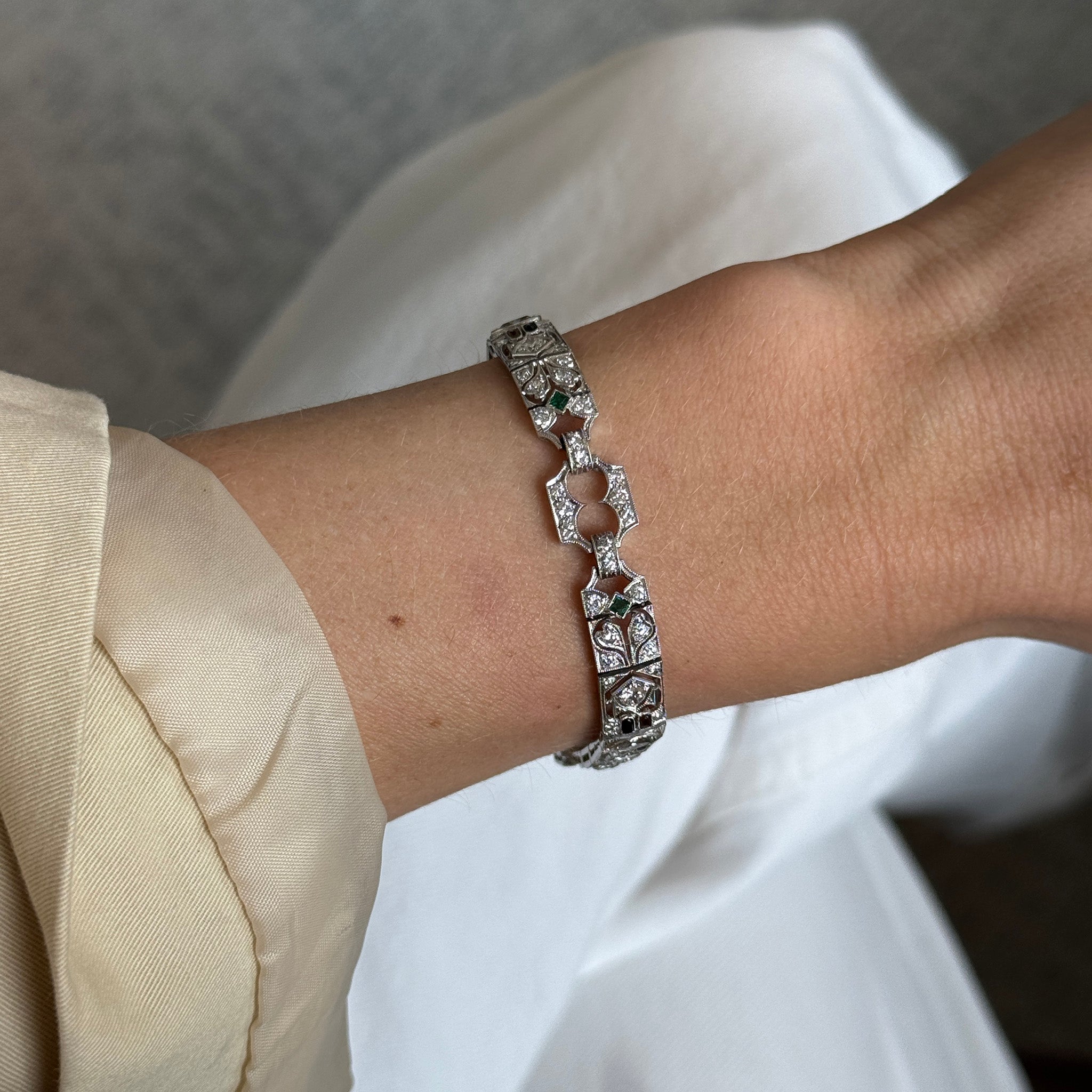 Art Deco Style Diamond, Emerald & Chalcedony Platinum Bracelet