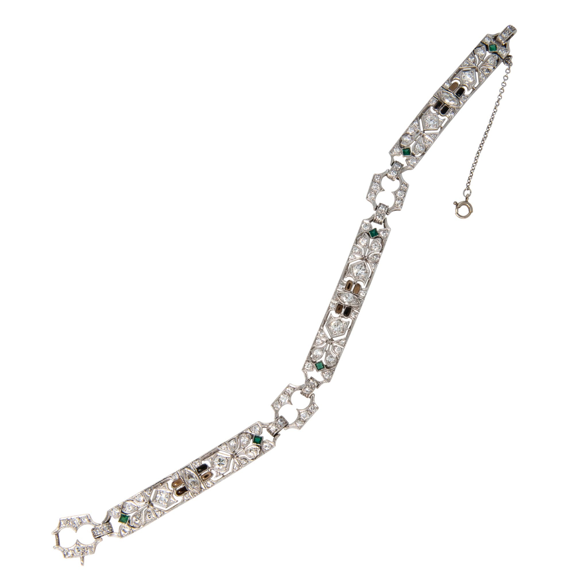 Art Deco Style Diamond, Emerald & Chalcedony Platinum Bracelet
