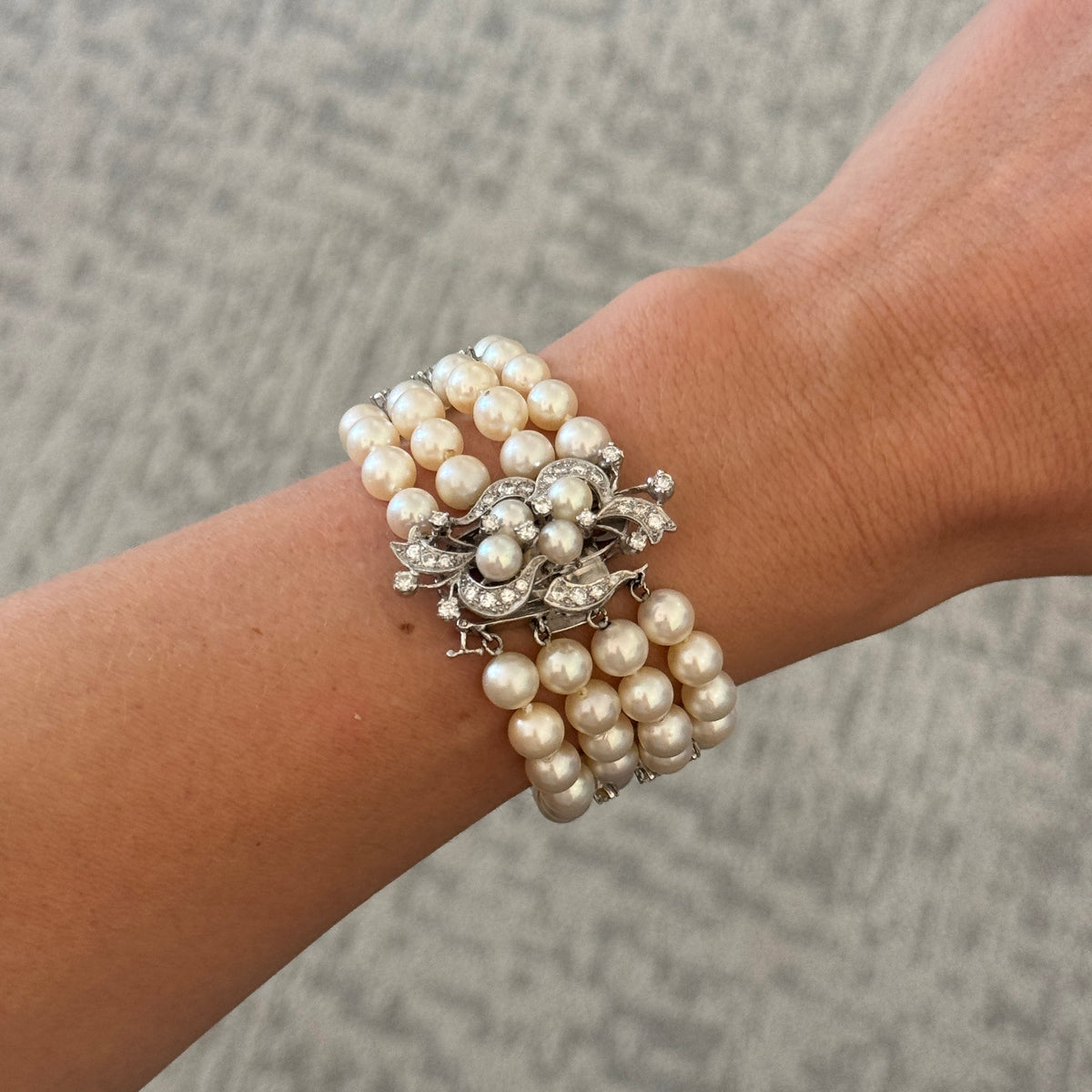 Vintage Diamond 14K White Gold 4-Strand Pearl Bracelet