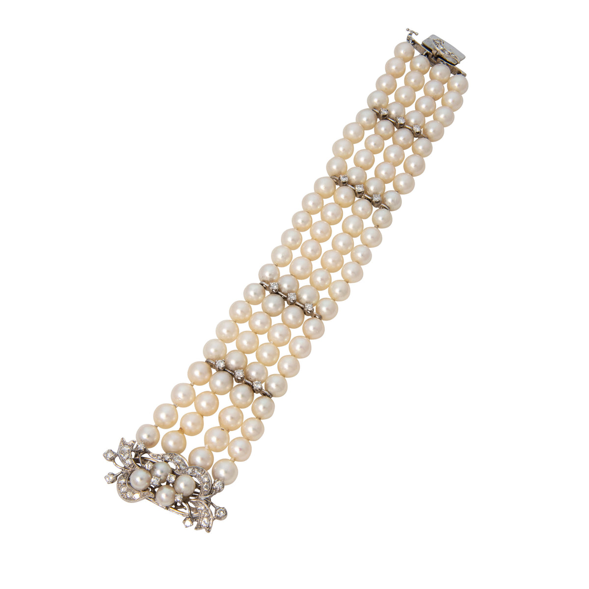 Vintage Diamond 14K White Gold 4-Strand Pearl Bracelet