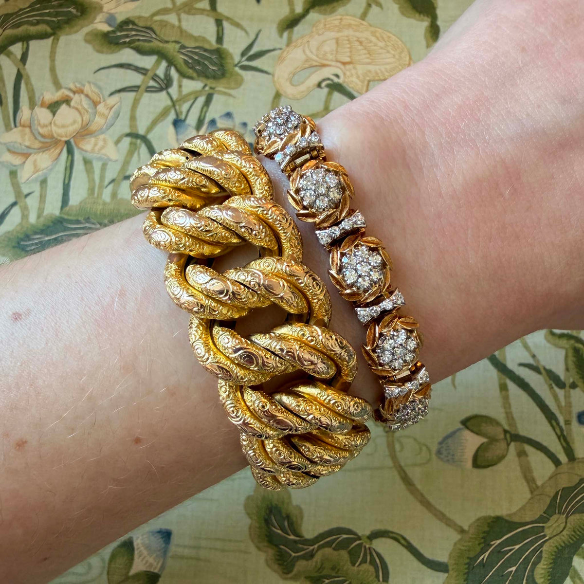 Vintage Engraved 14K Gold Double Curb Link Bracelet 8.5", Vintage 2.85ctw Diamond Floral Cluster Two-Tone 18K Gold Bracelet