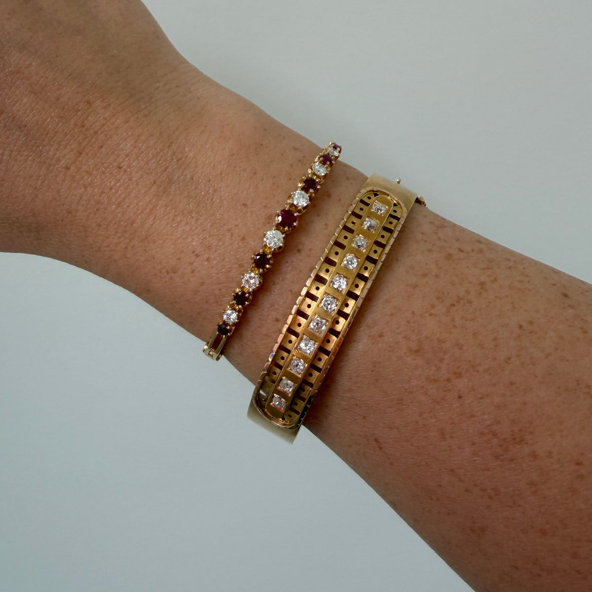 Estate .73ctw Ruby & .75ctw Diamond 18K Gold Bangle, Victorian Style Old Mine Cut Diamond 14K Gold Openwork Bangle