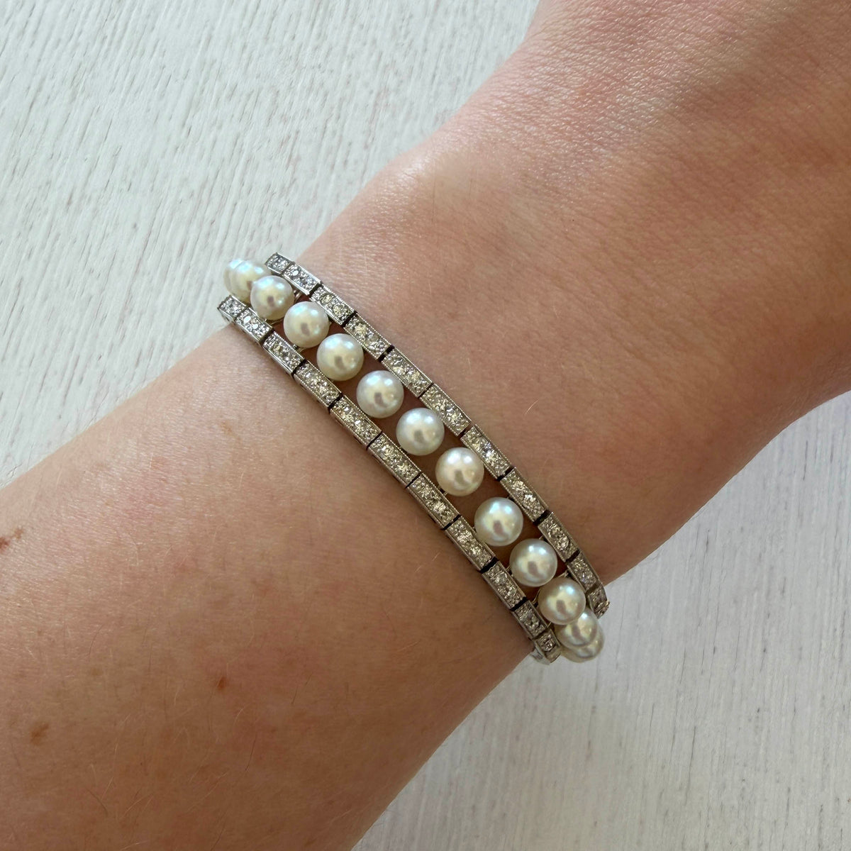 Edwardian-Style Pearl & Diamond 18K White Gold Line Bracelet