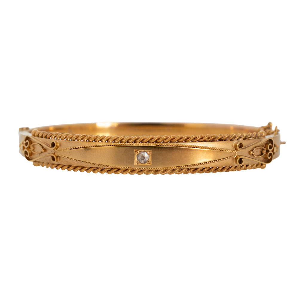Victorian Etruscan Revival Diamond 9K Yellow Gold Bangle