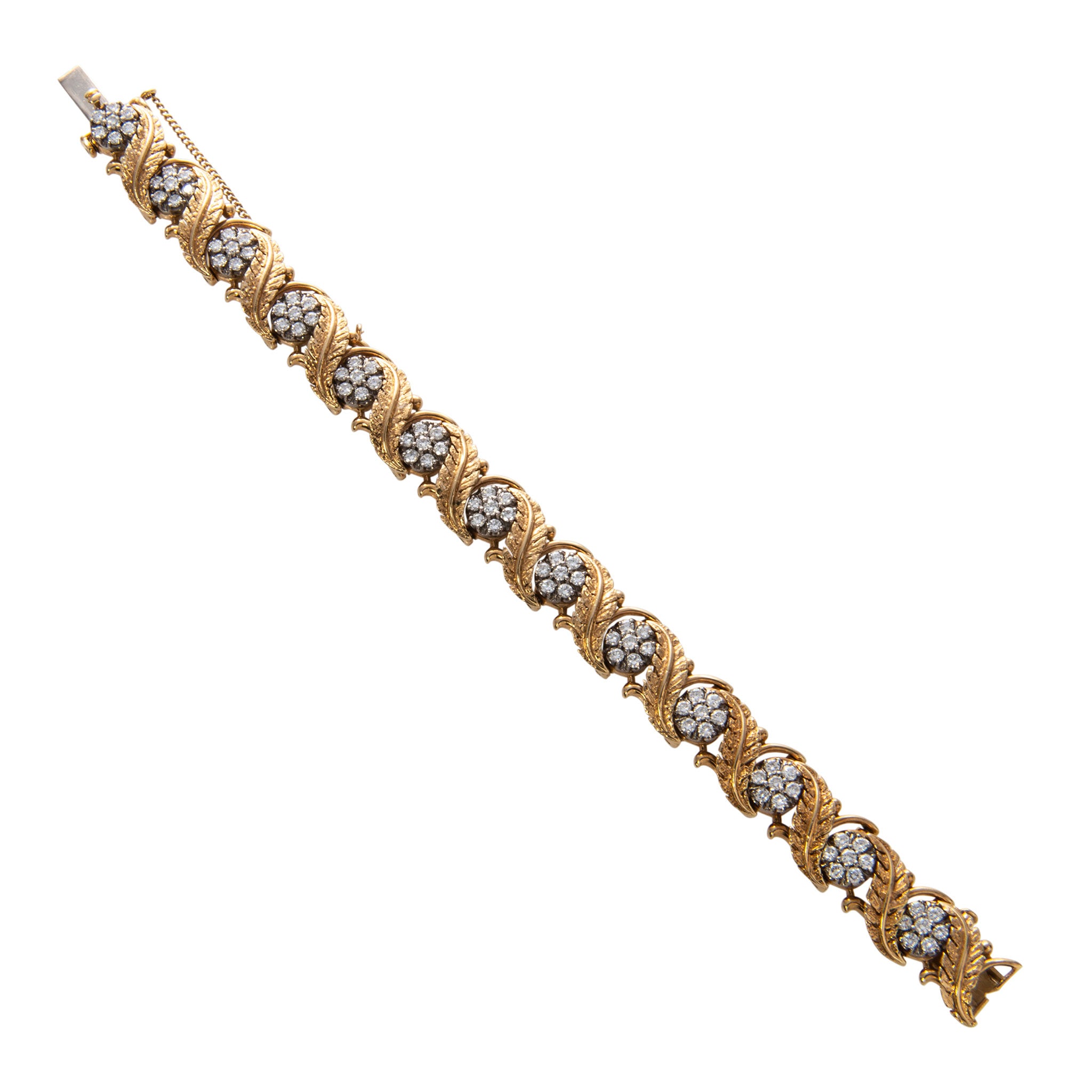 Estate Floral Diamond Cluster 18K Gold Leaf Bracelet