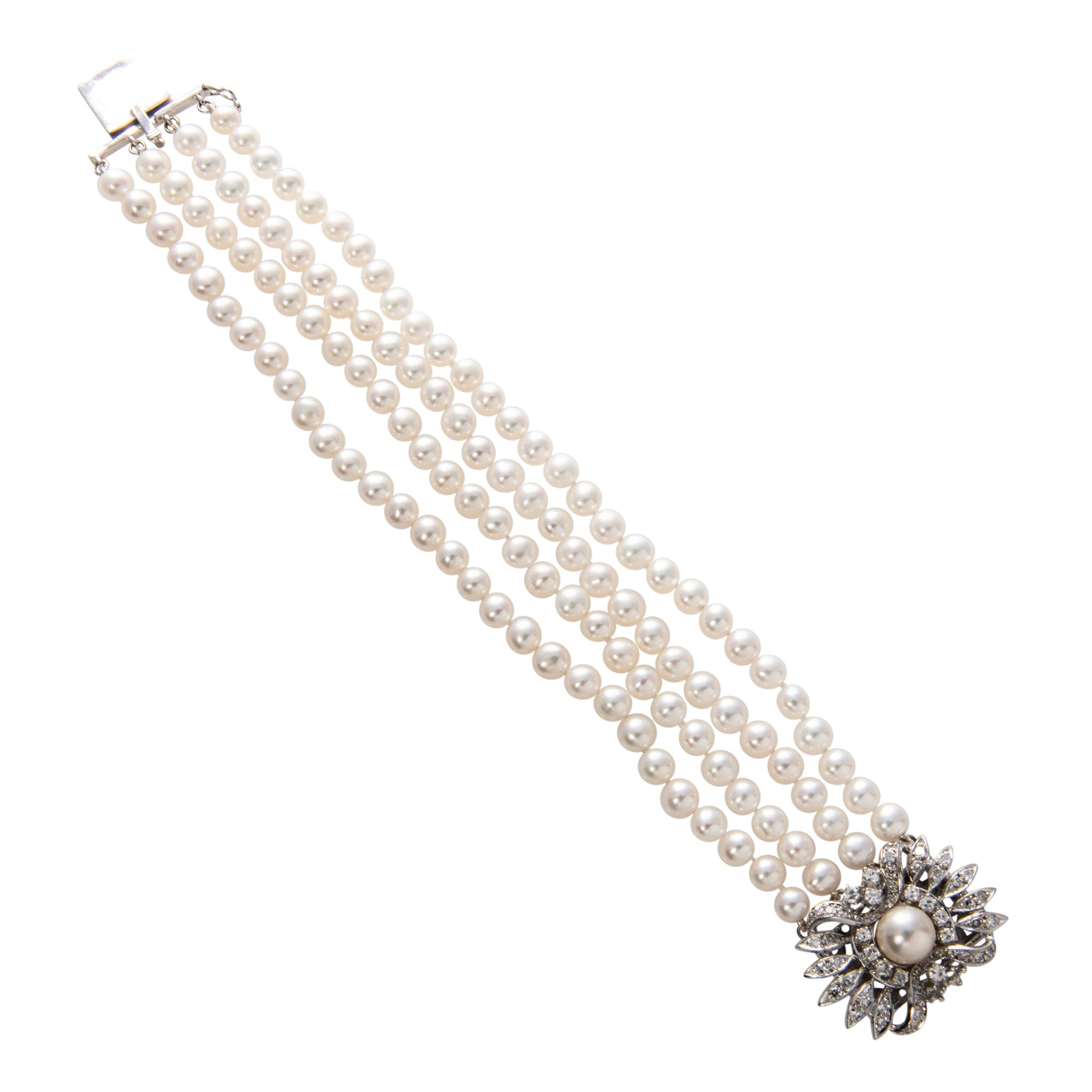 Art Deco 4-Strand Pearl Diamond 14K Gold Bracelet