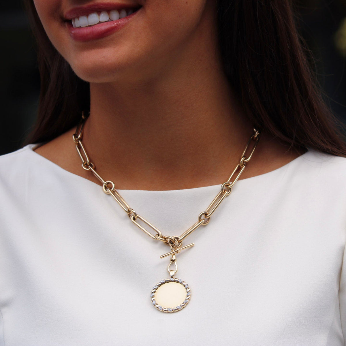 The Mary Diamond Accent Rope Edge Large Disc Pendant, 14K Yellow Gold Kristopher Chain Necklace 18"