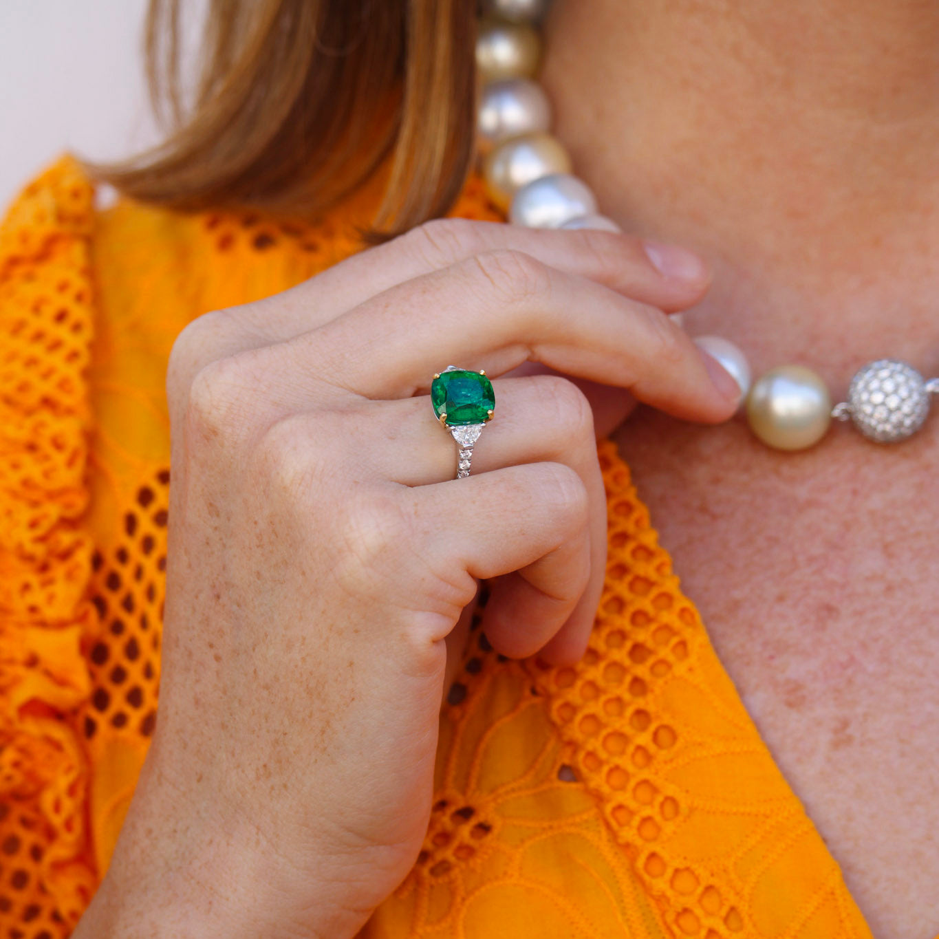 4.96ct Cushion Emerald & Half-Moon Diamond 18K Gold Platinum Ring