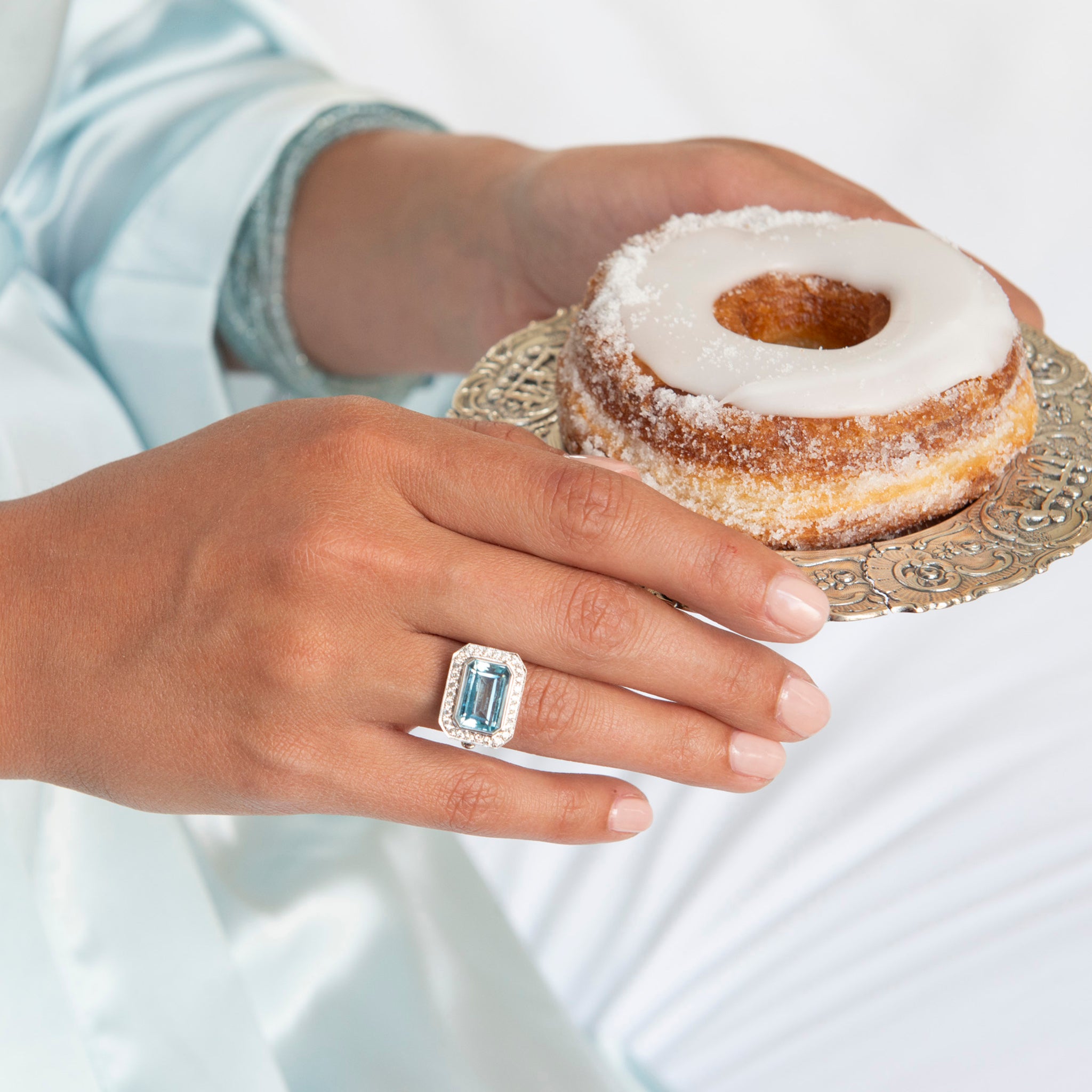 Emerald-Cut Blue Topaz & Diamond Milgrain 18K White Gold Ring