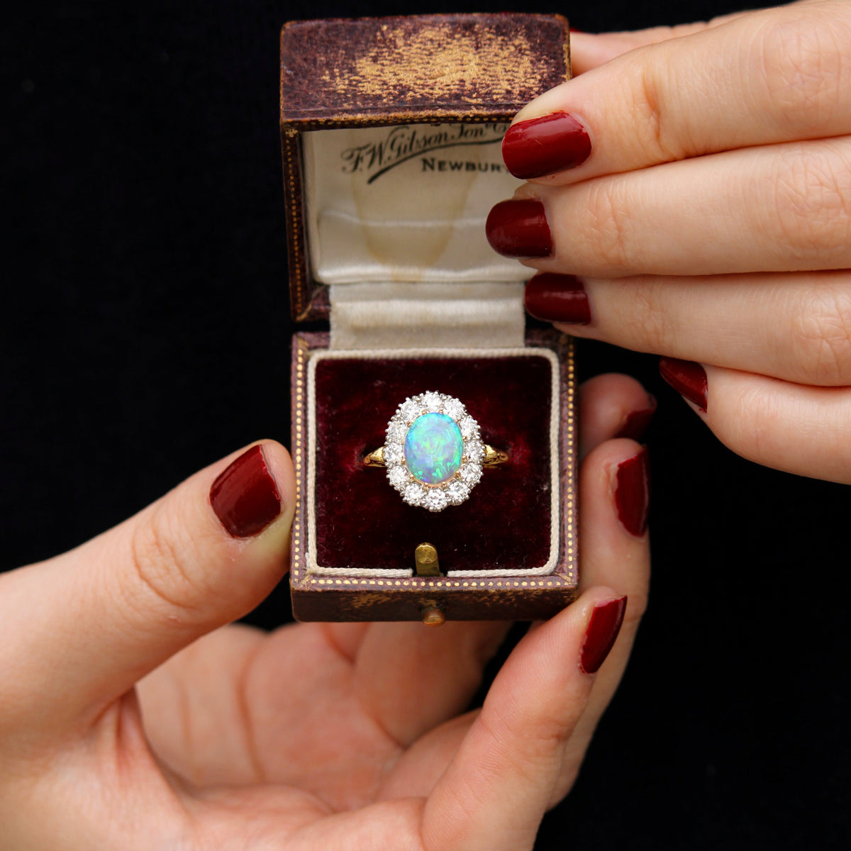 Victorian-Style Oval Opal & Diamond Cluster Ring