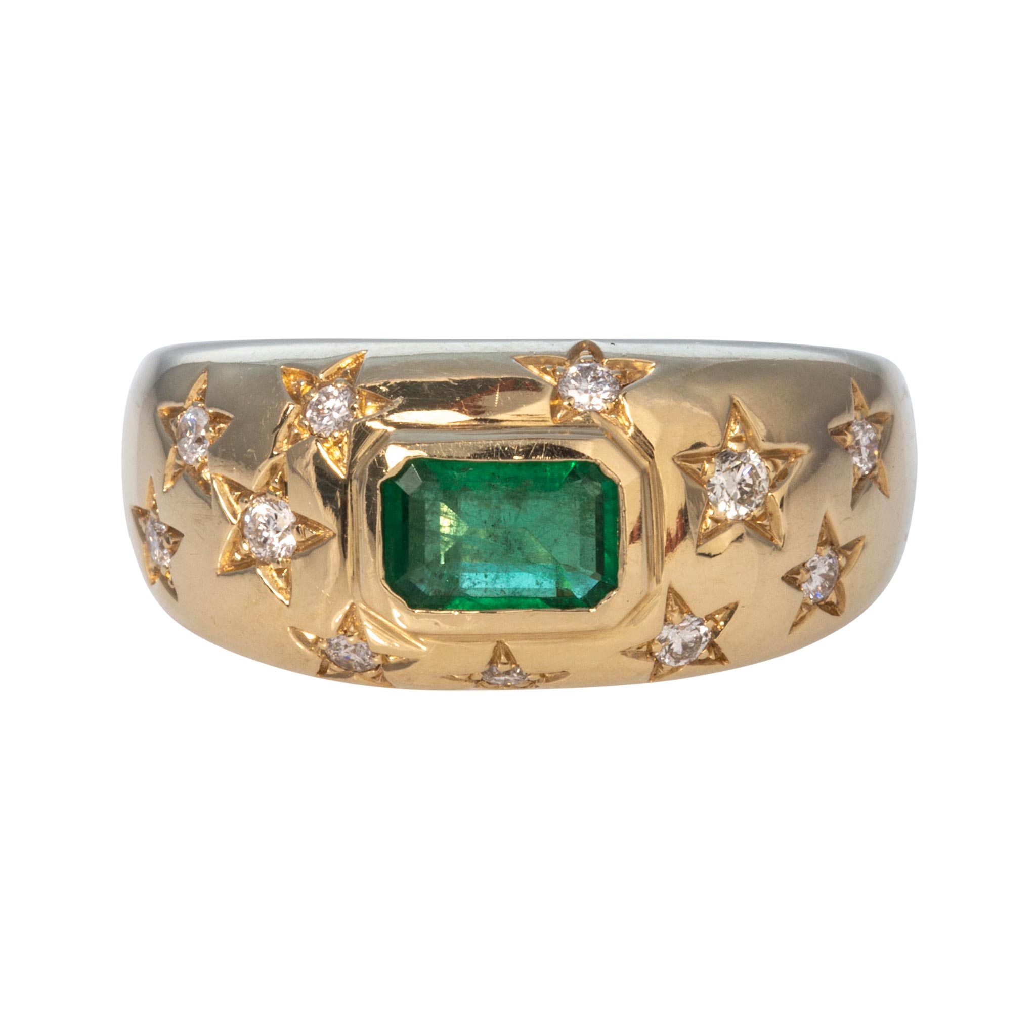 Emerald & Diamond Star 14K Yellow Gold Wide Dome Ring