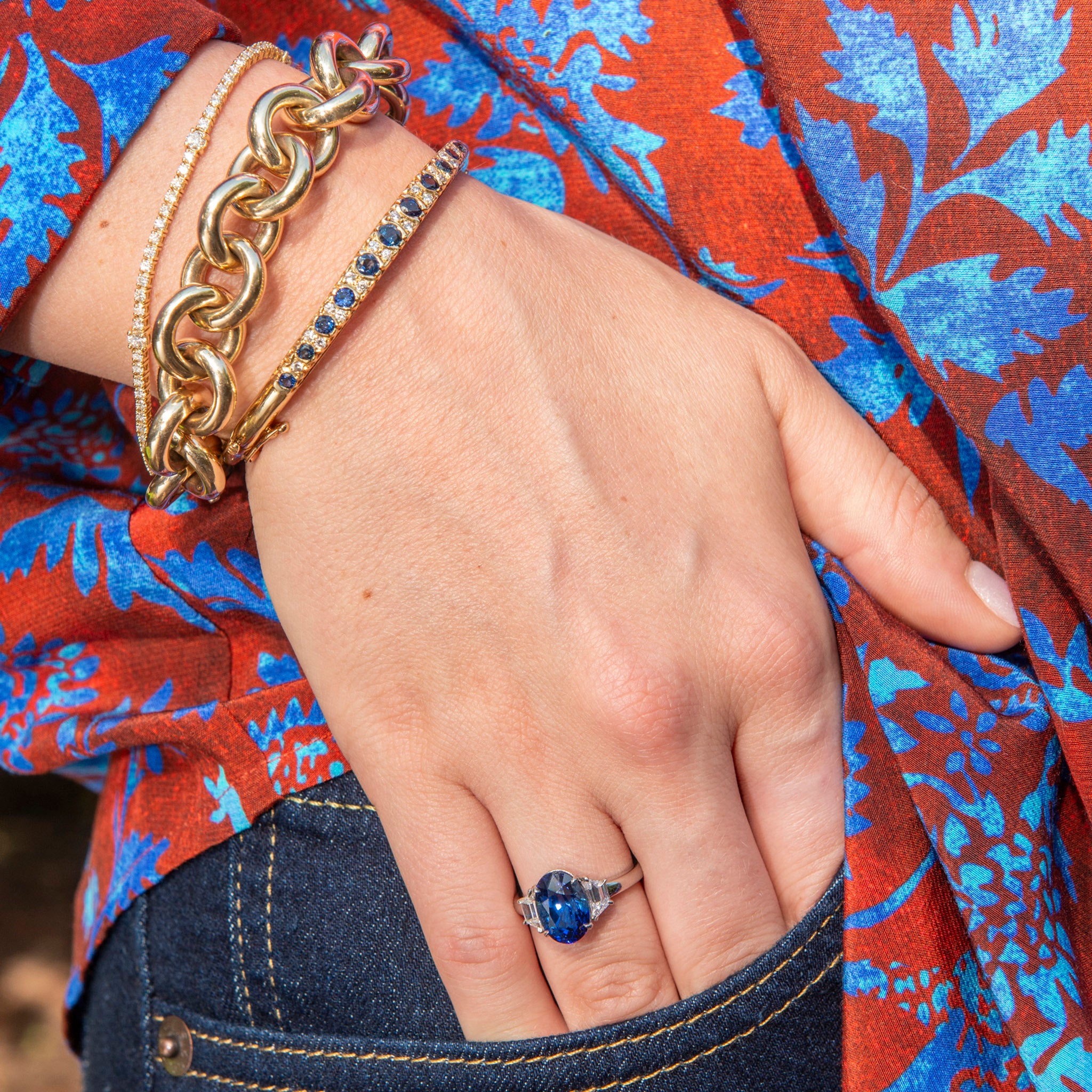 5ct Oval Sapphire & Trapezoid Diamond Three-Stone Platinum Ring, 14K Yellow Gold Italian Round Link Bracelet