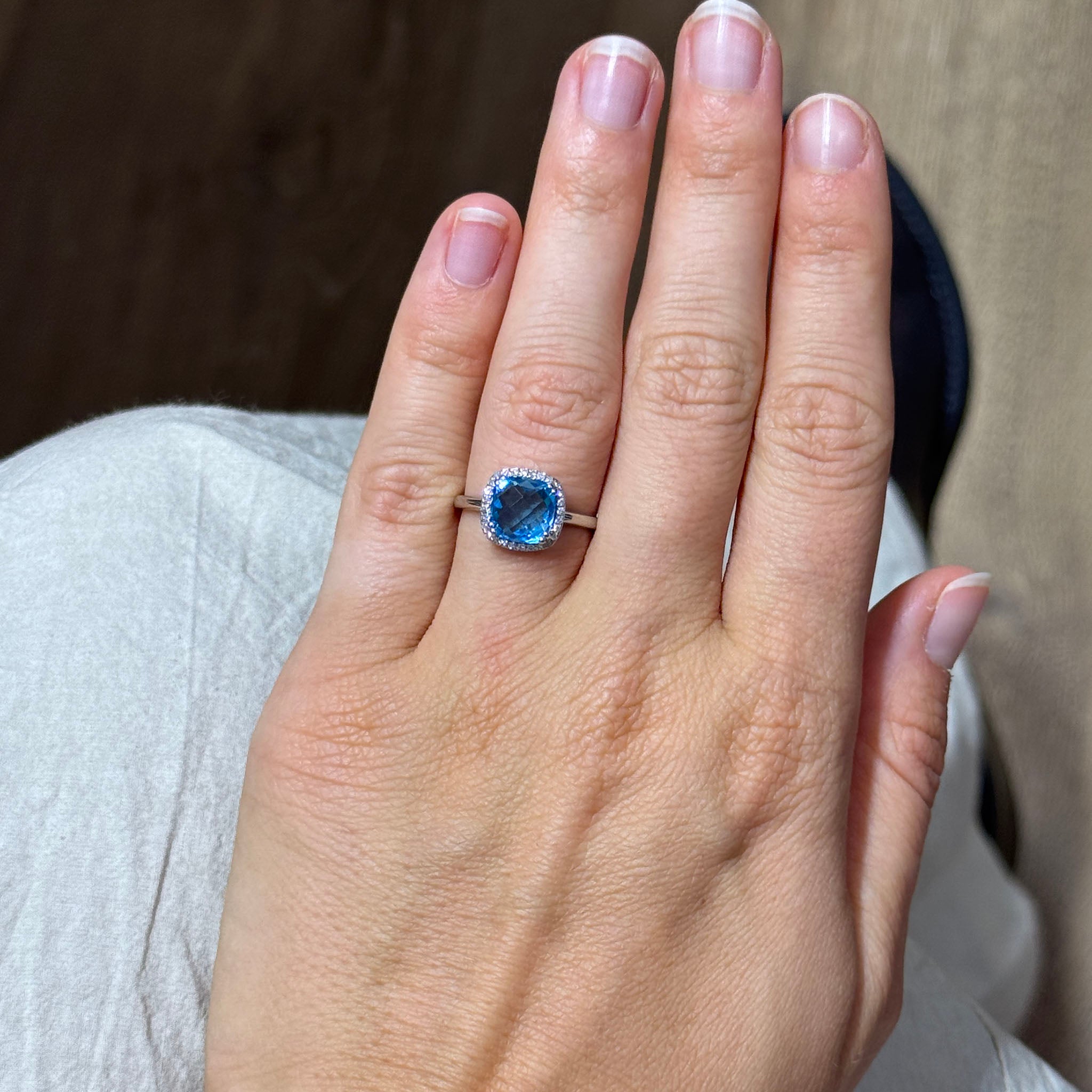 Cushion Blue Topaz & Diamond Halo 14K White Gold Ring