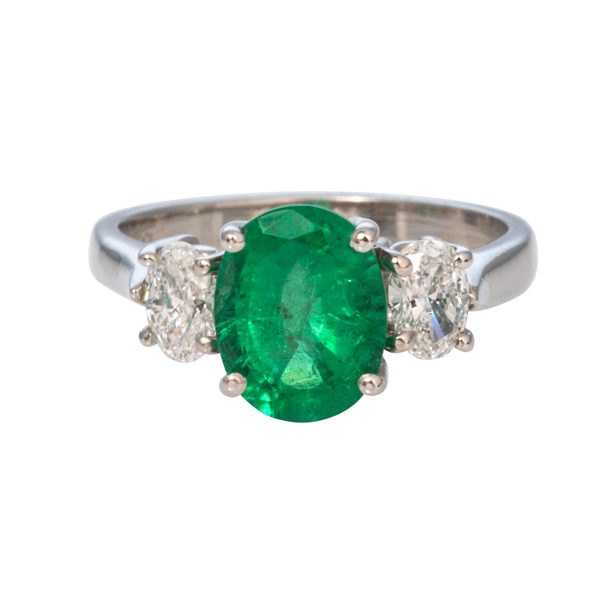 1.76ct Oval Emerald & Diamond Three-Stone Platinum Ring