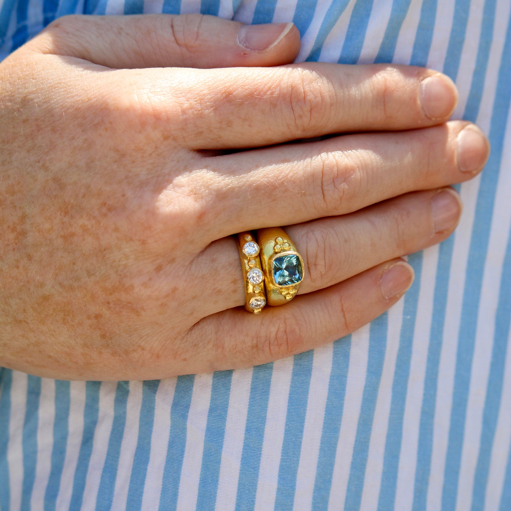 Elizabeth Locke Cushion Aquamarine Triad Ring, Round Diamond Gold Dot Stack Ring