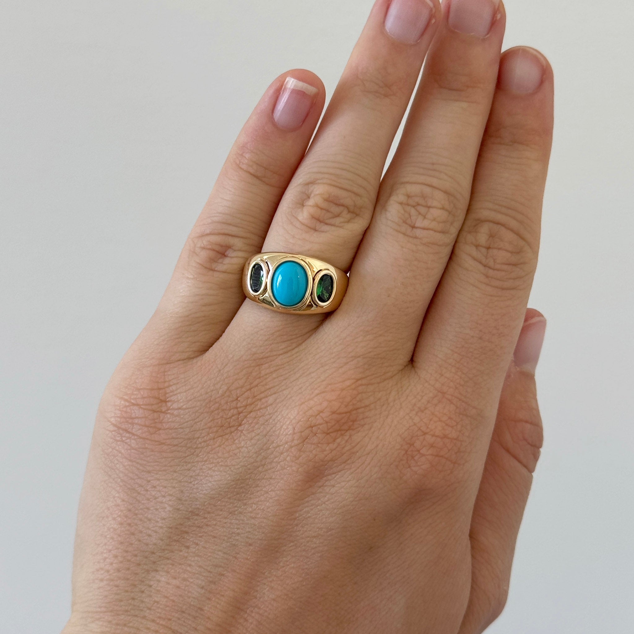 Turquoise & Tsavorite Three-Stone 18K Yellow Gold Ring