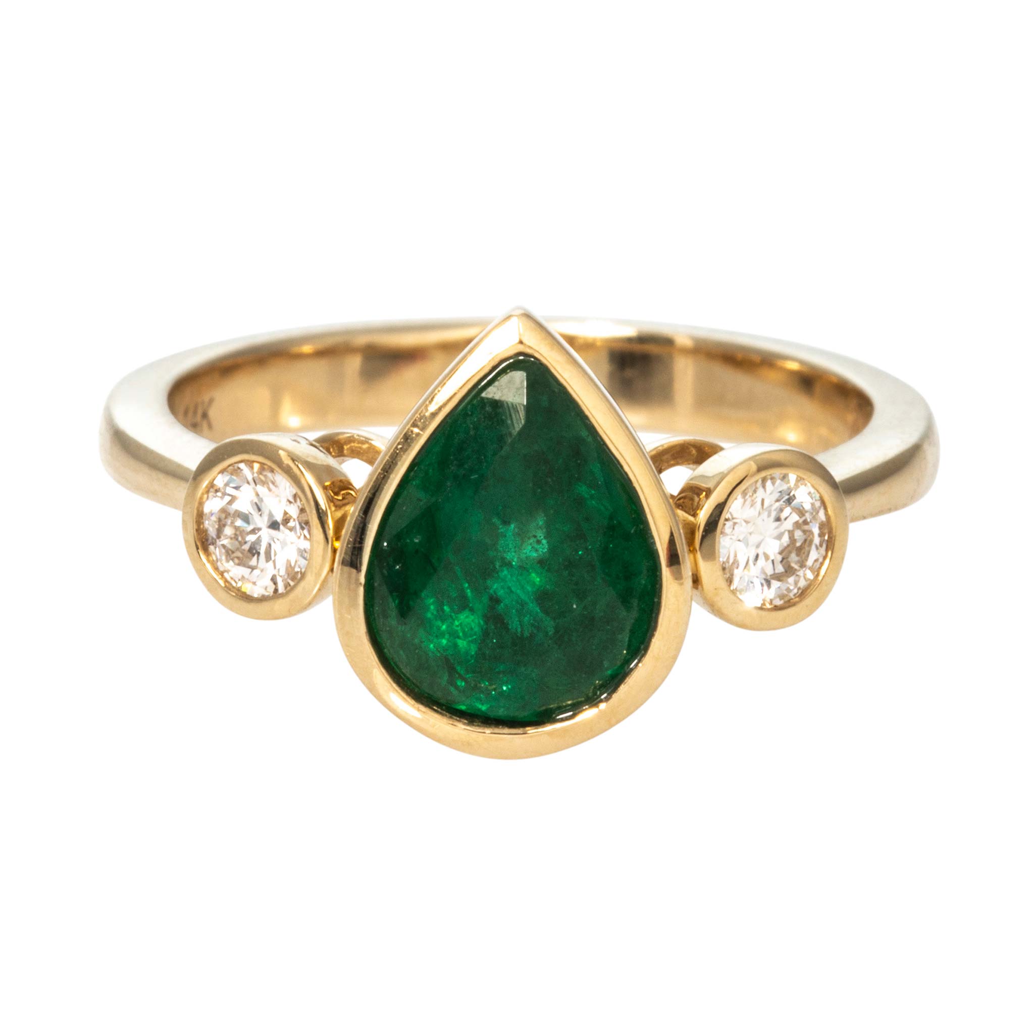 Pear Emerald & Round Diamond Three-Stone 14K Gold Ring