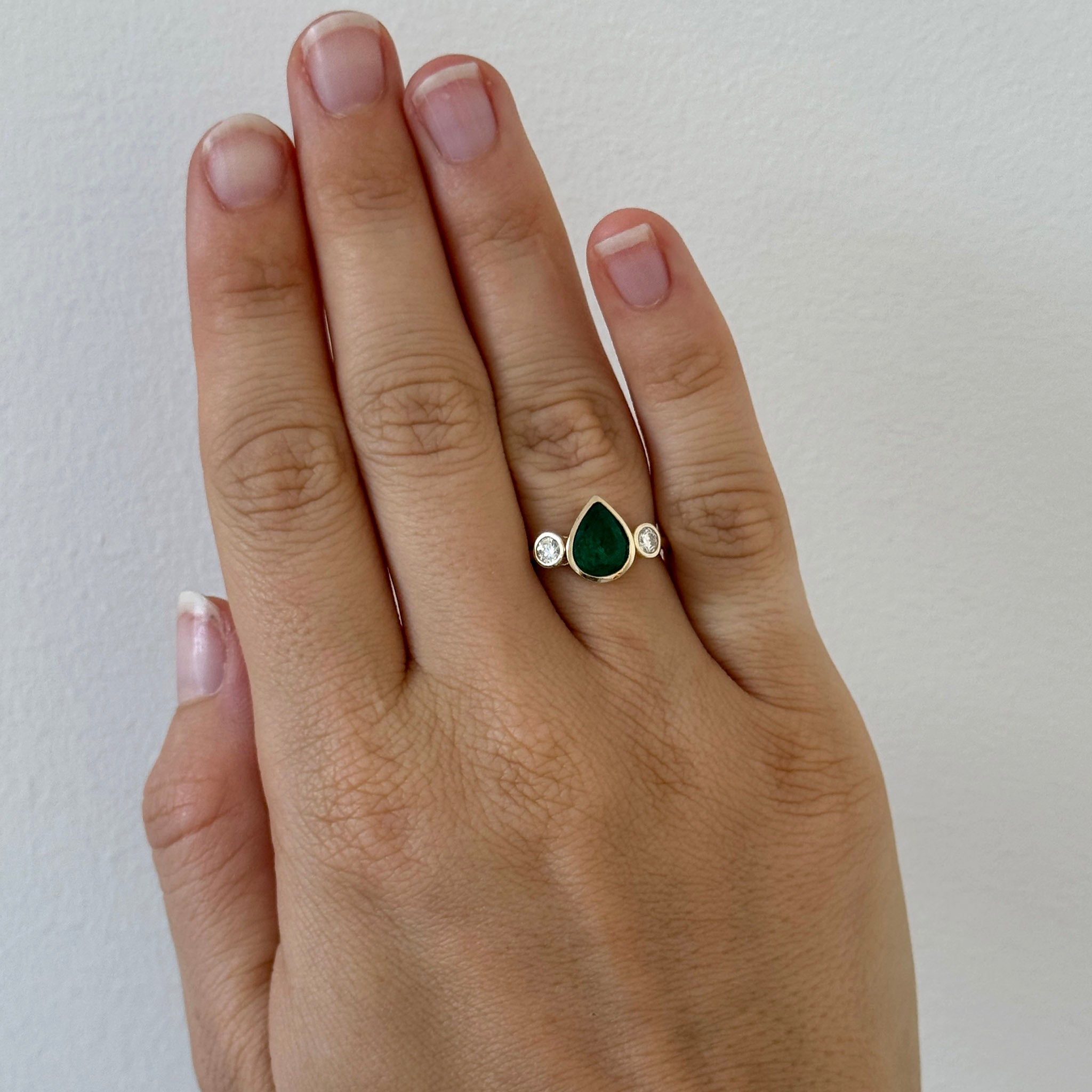 Pear Emerald & Round Diamond Three-Stone 14K Gold Ring