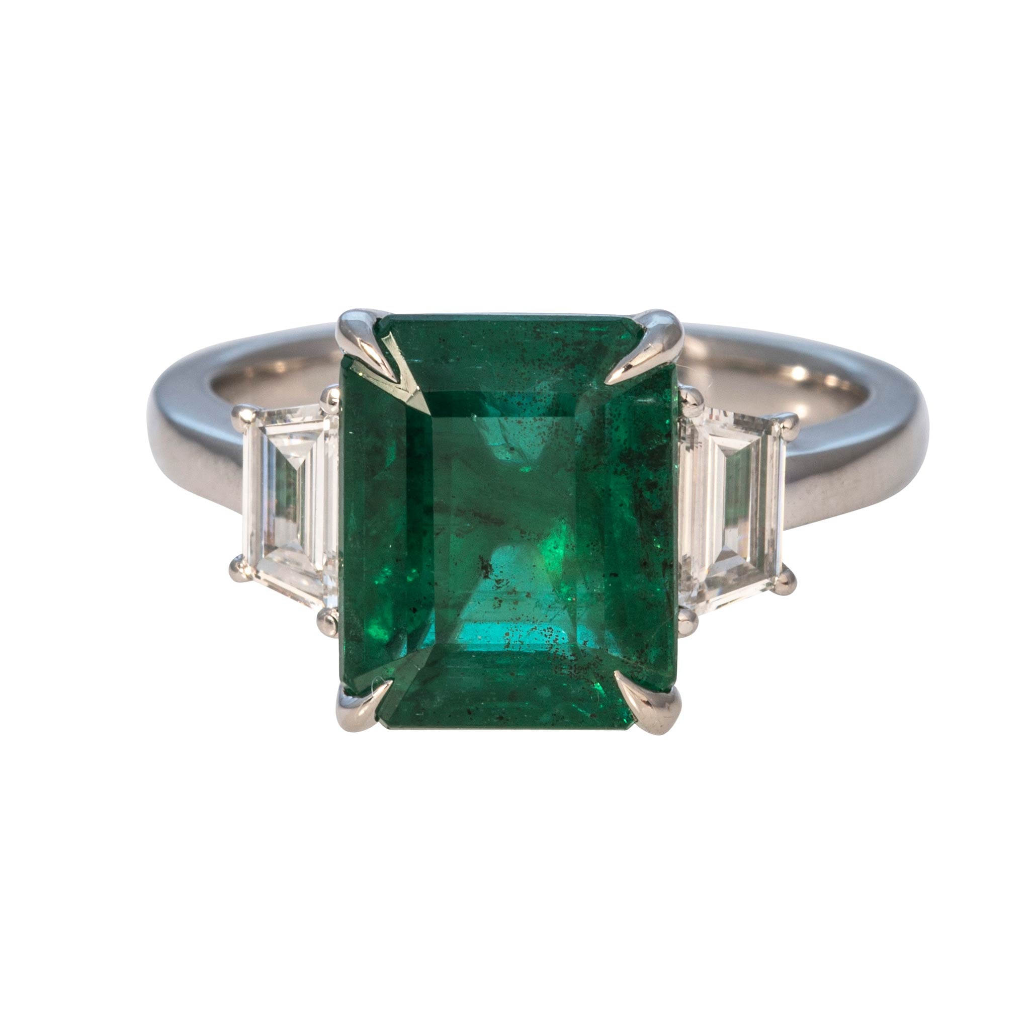 4.56ct Emerald & Trapezoid Diamond Three-Stone Platinum Ring