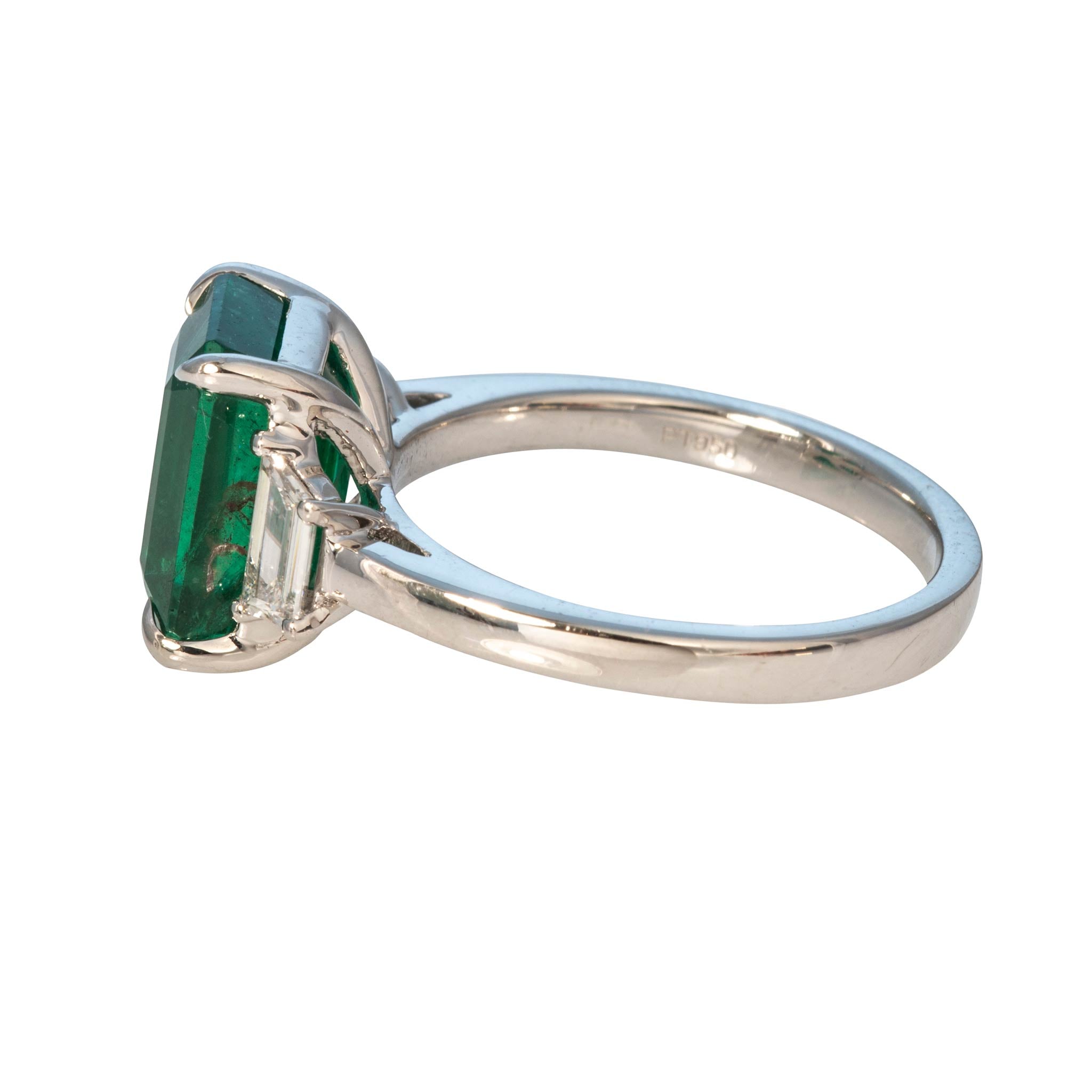 4.56ct Emerald & Trapezoid Diamond Three-Stone Platinum Ring