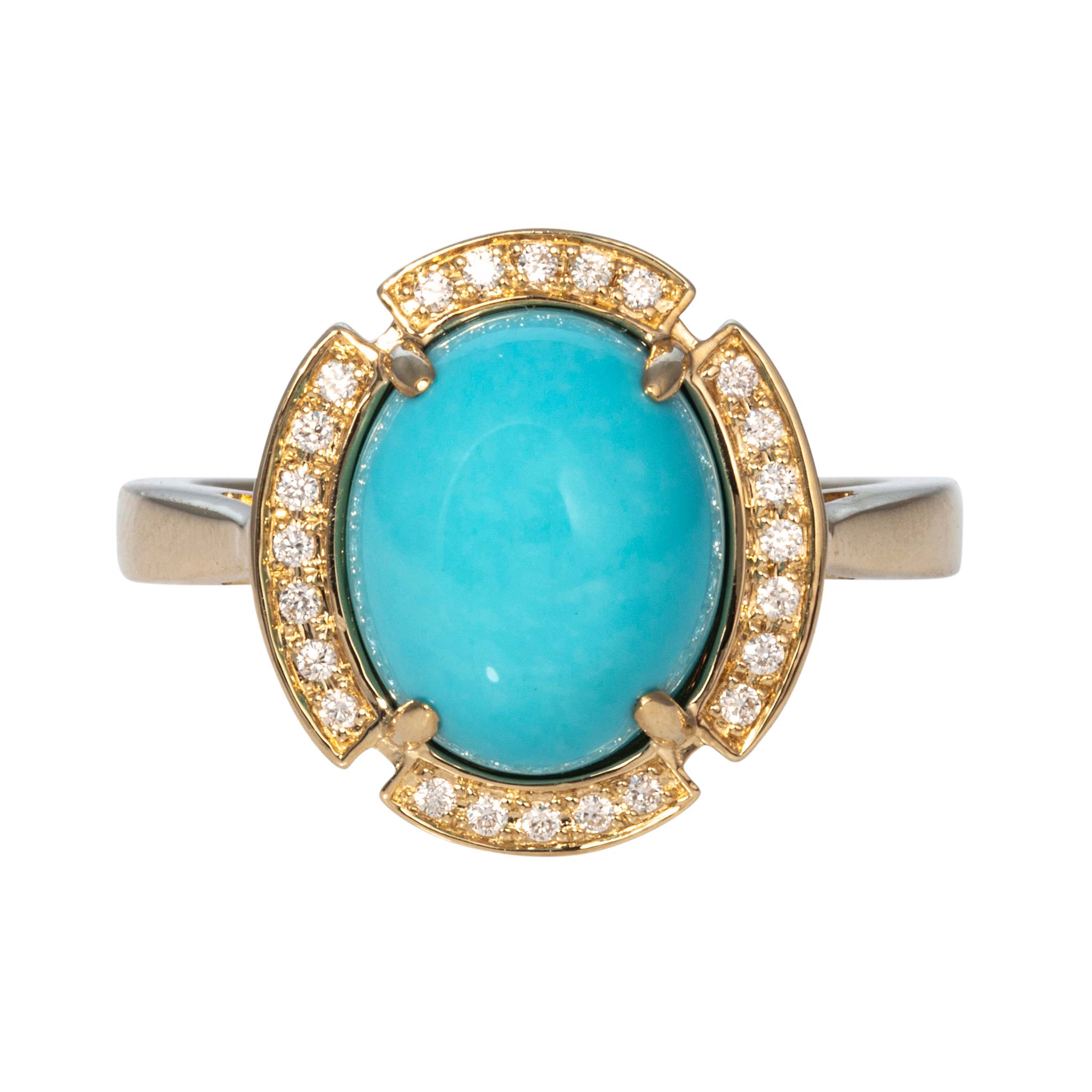 Oval Cabochon Turquoise & Diamond 14K Yellow Gold Ring