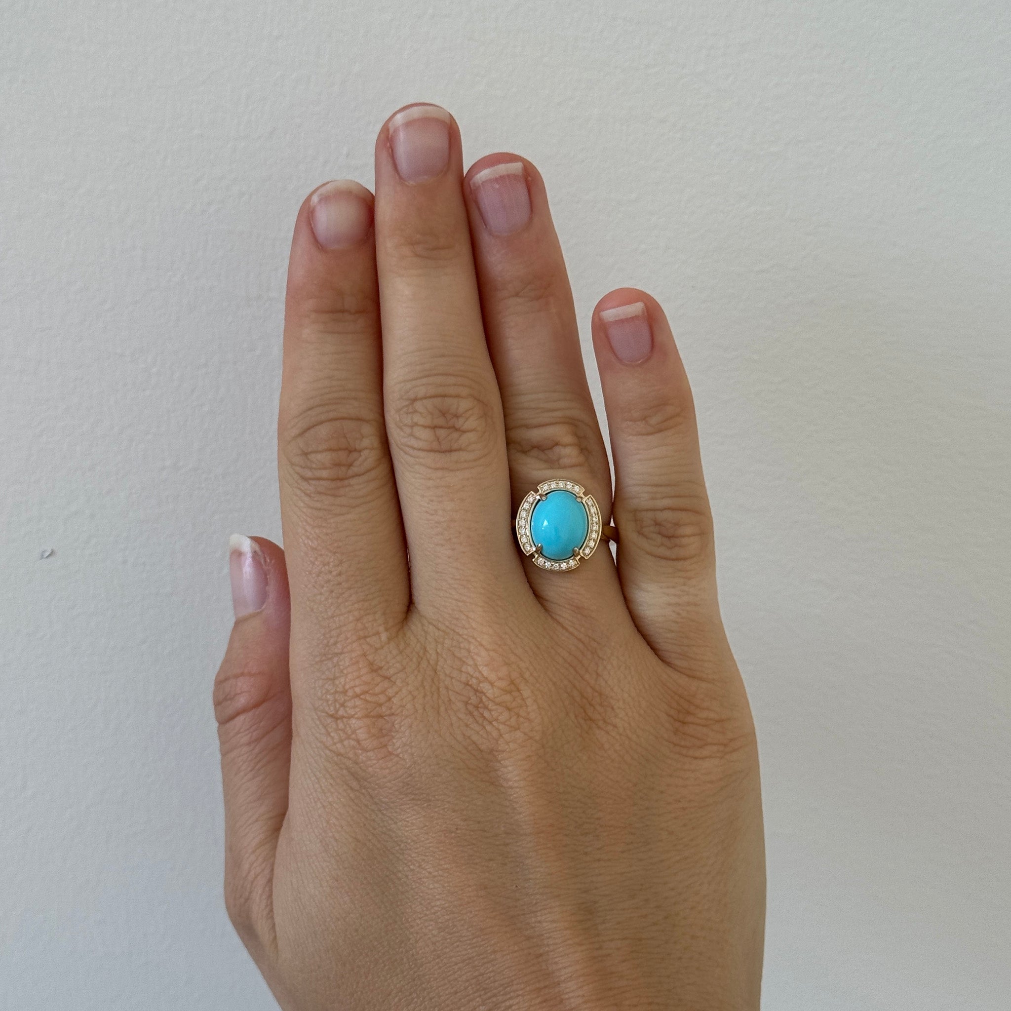 Oval Cabochon Turquoise & Diamond 14K Yellow Gold Ring