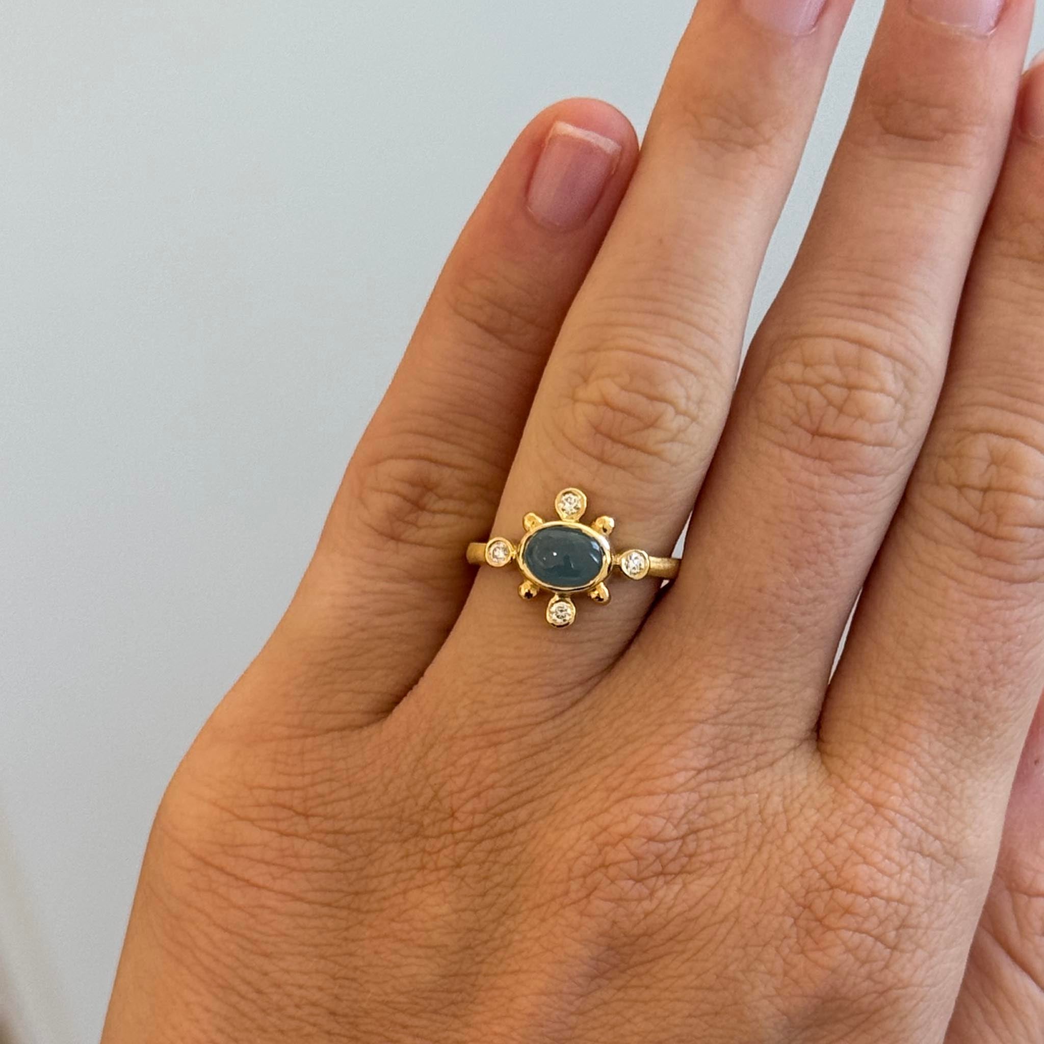 Aquamarine Cabochon & Diamond 14K Yellow Gold Ring