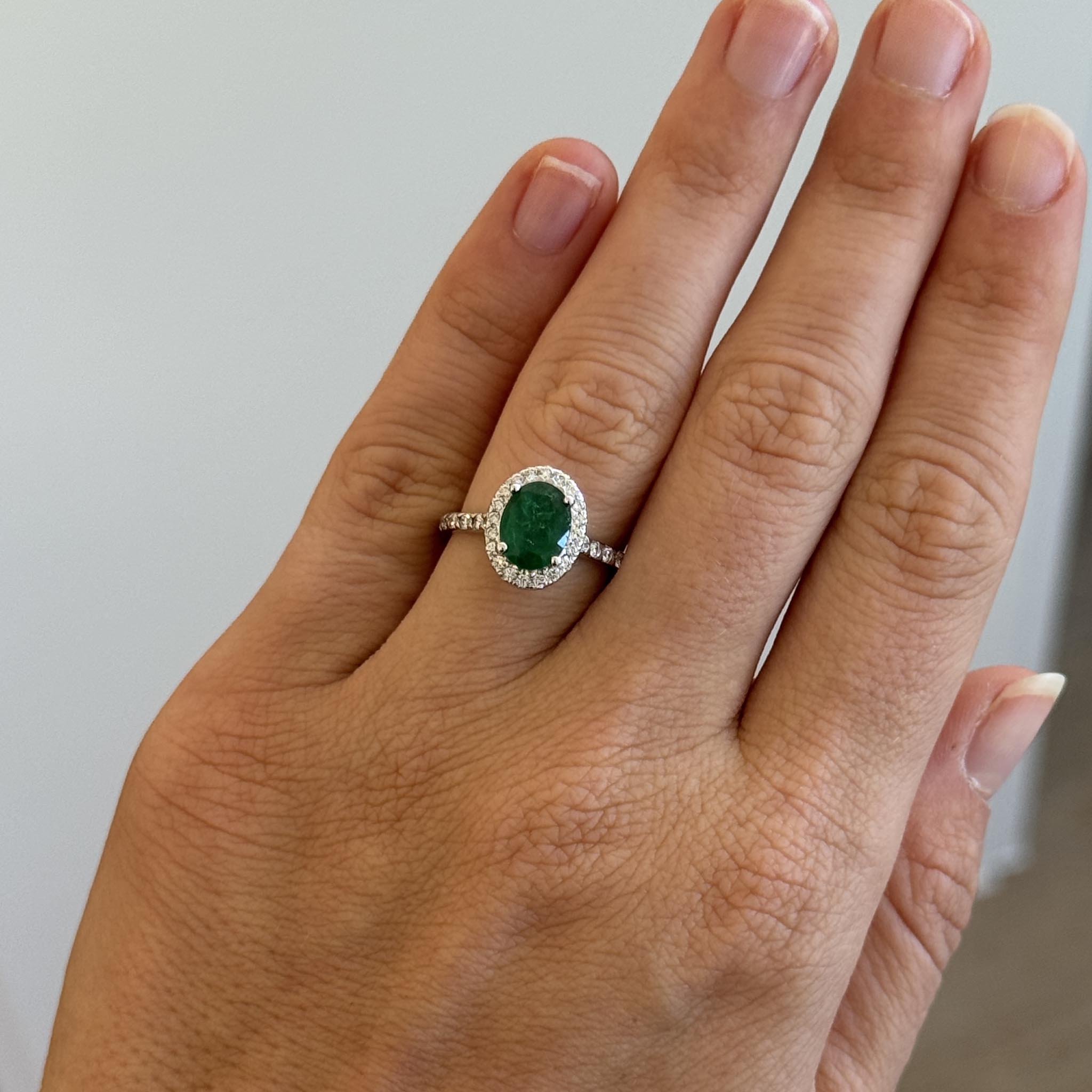 Oval Emerald & Diamond Halo 14K White Gold Ring