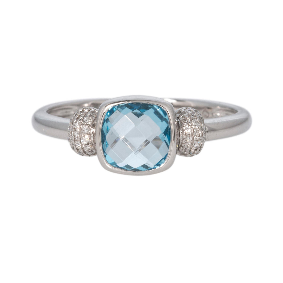 Cushion Blue Topaz & Diamond Pavé 14K White Gold Ring