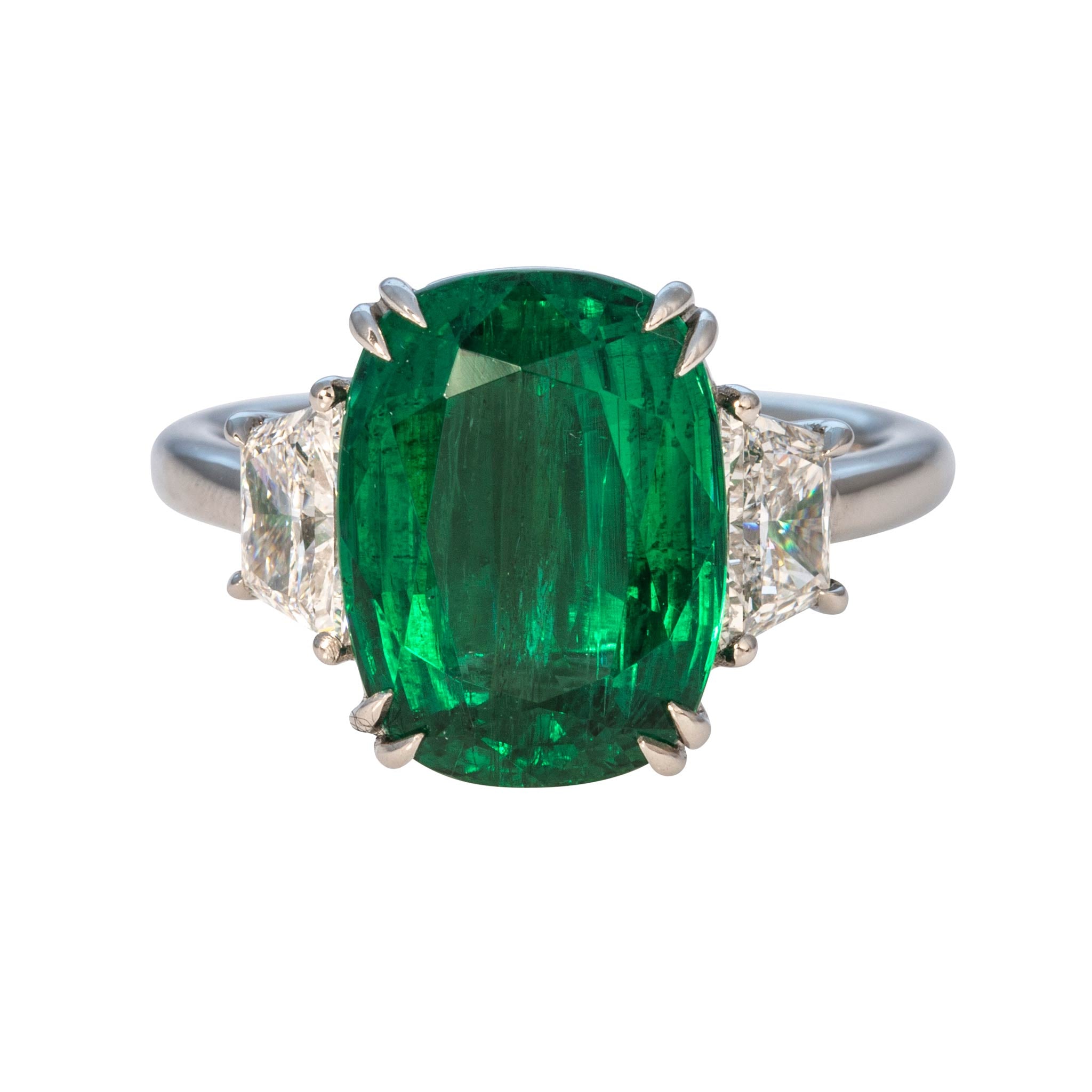 5ct Cushion Emerald & Trapezoid Diamond Three-Stone Platinum Ring