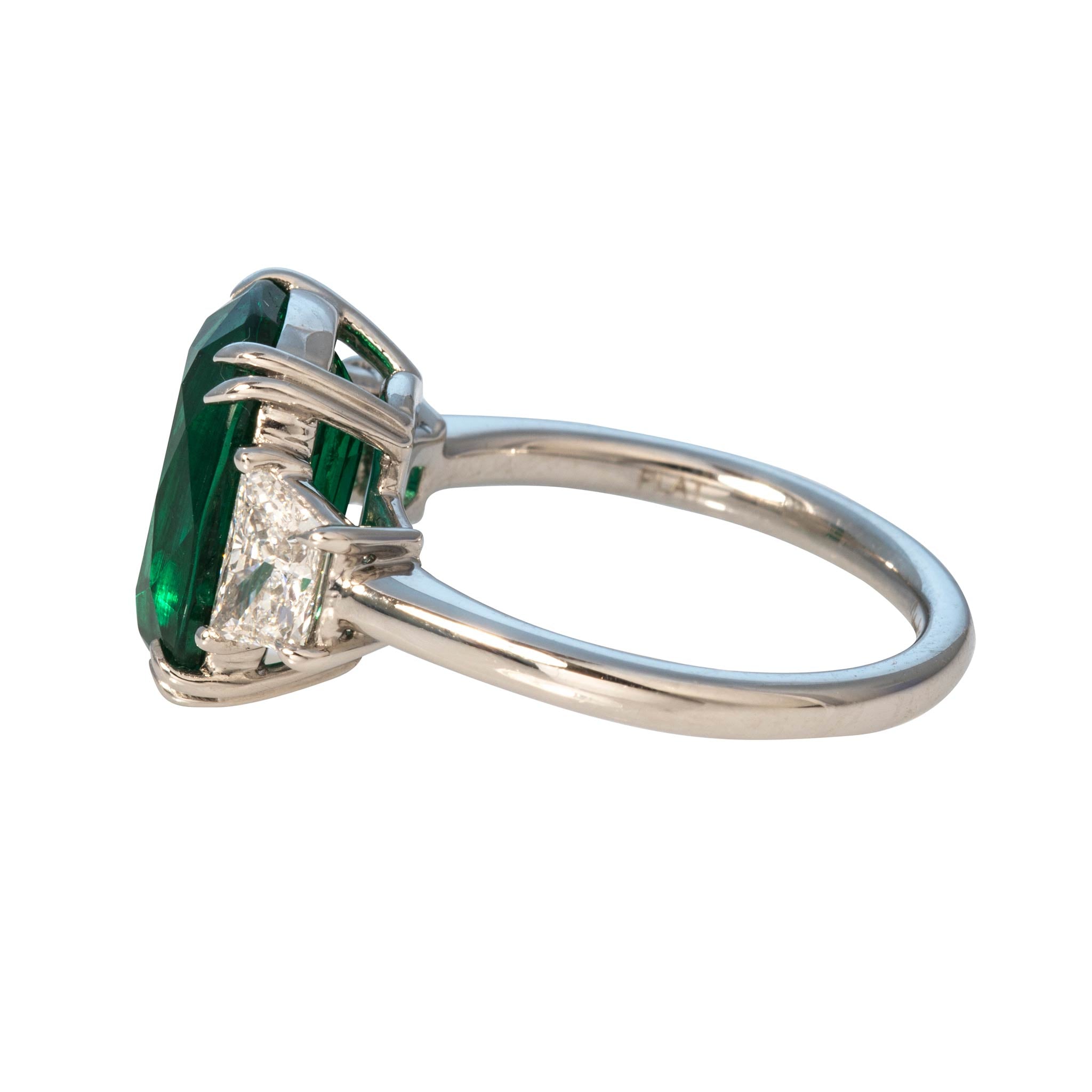 5ct Cushion Emerald & Trapezoid Diamond Three-Stone Platinum Ring